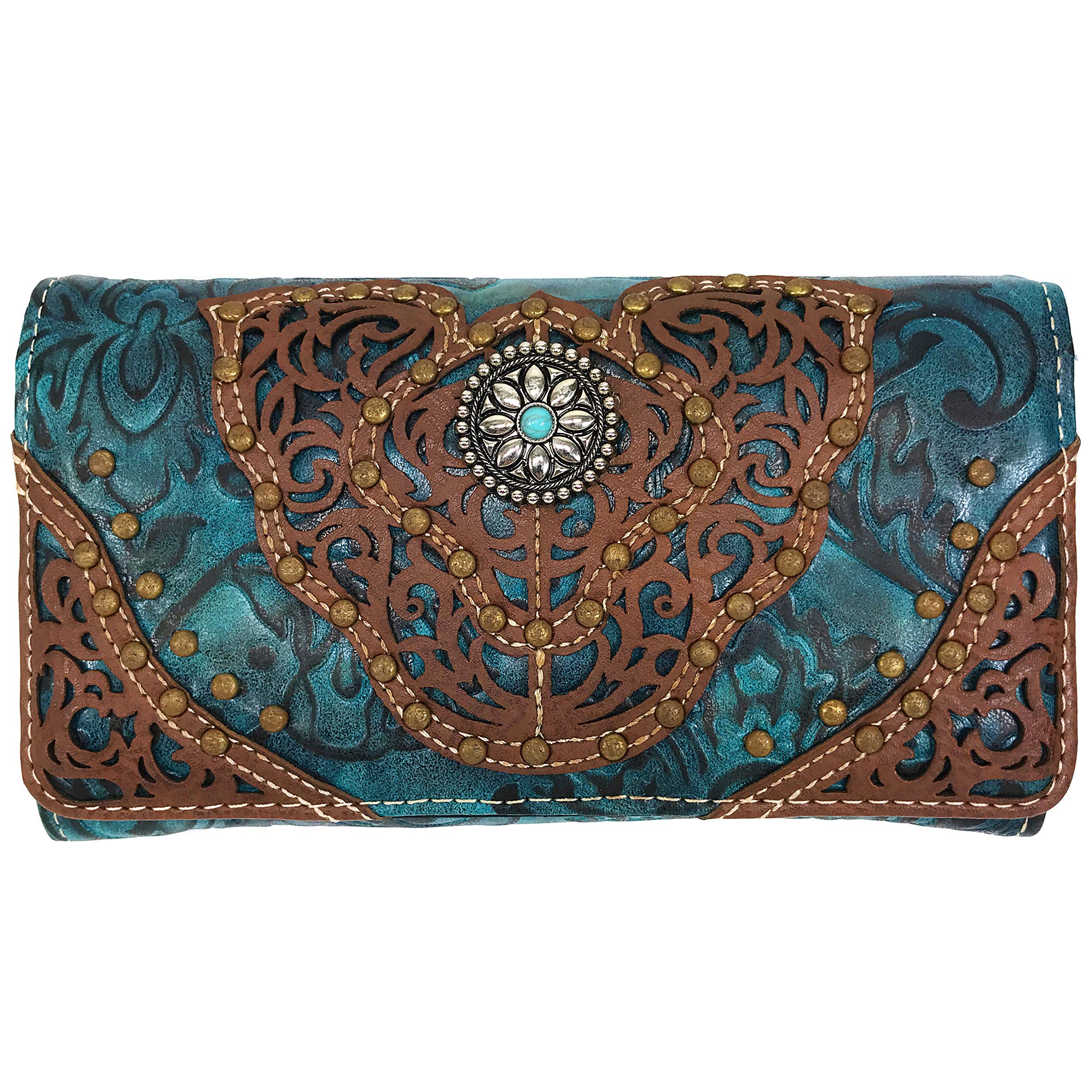 Zelris Women's Western Floral Damask Medallion Crossbody Wristlet Trifold Wallet - Turquoise | Perfect for Everyday Use, Travel & Special Occasions