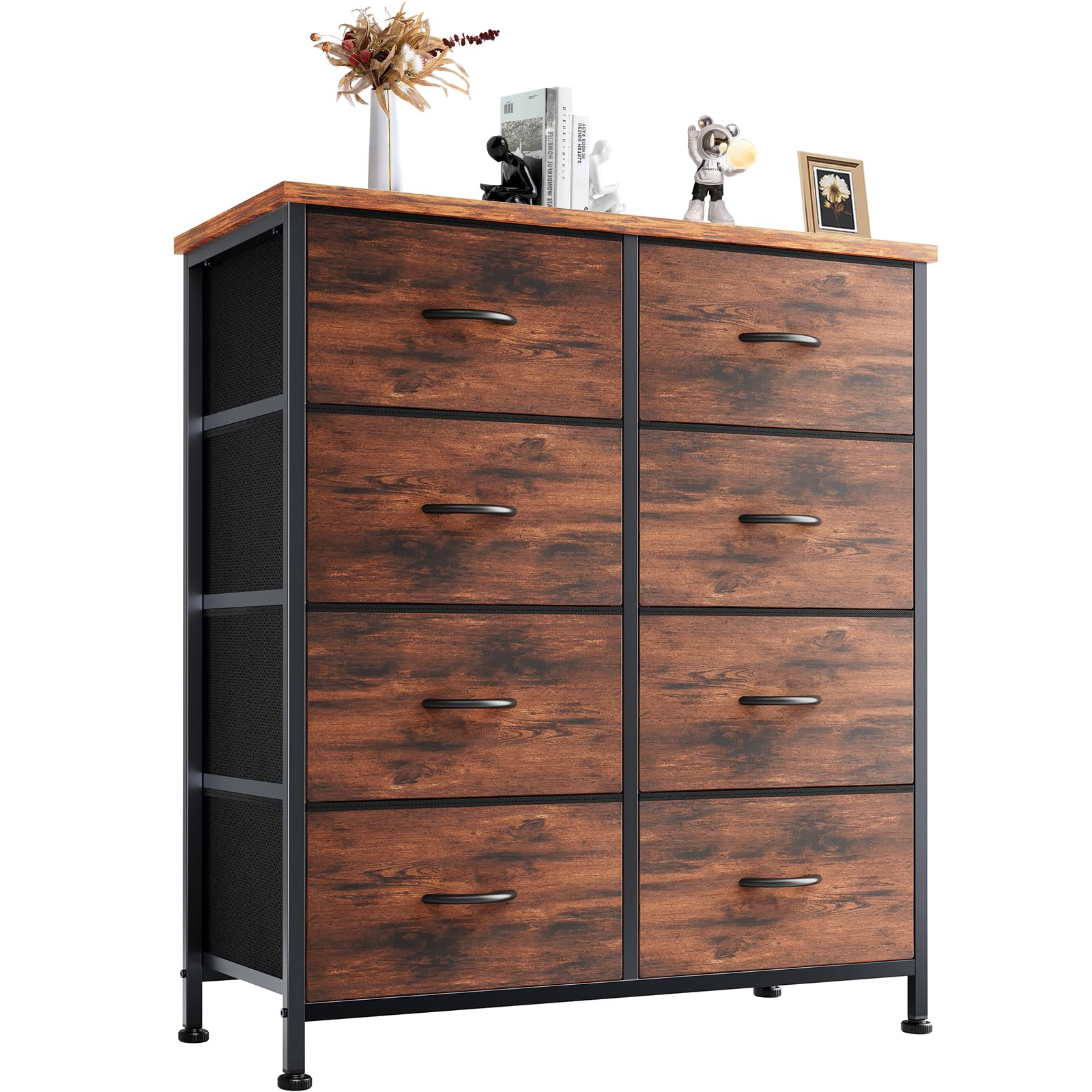 DUMOS 8-Drawer Fabric Dresser for Bedroom - Tall Chest Organizer with Cabinet for Clothing Storage, Kids Room & Nursery - Lightweight Wooden Top & Metal Frame Furniture (Brown) - Perfect for Small Spaces, Closet Organization & Baby Essentials Storage
