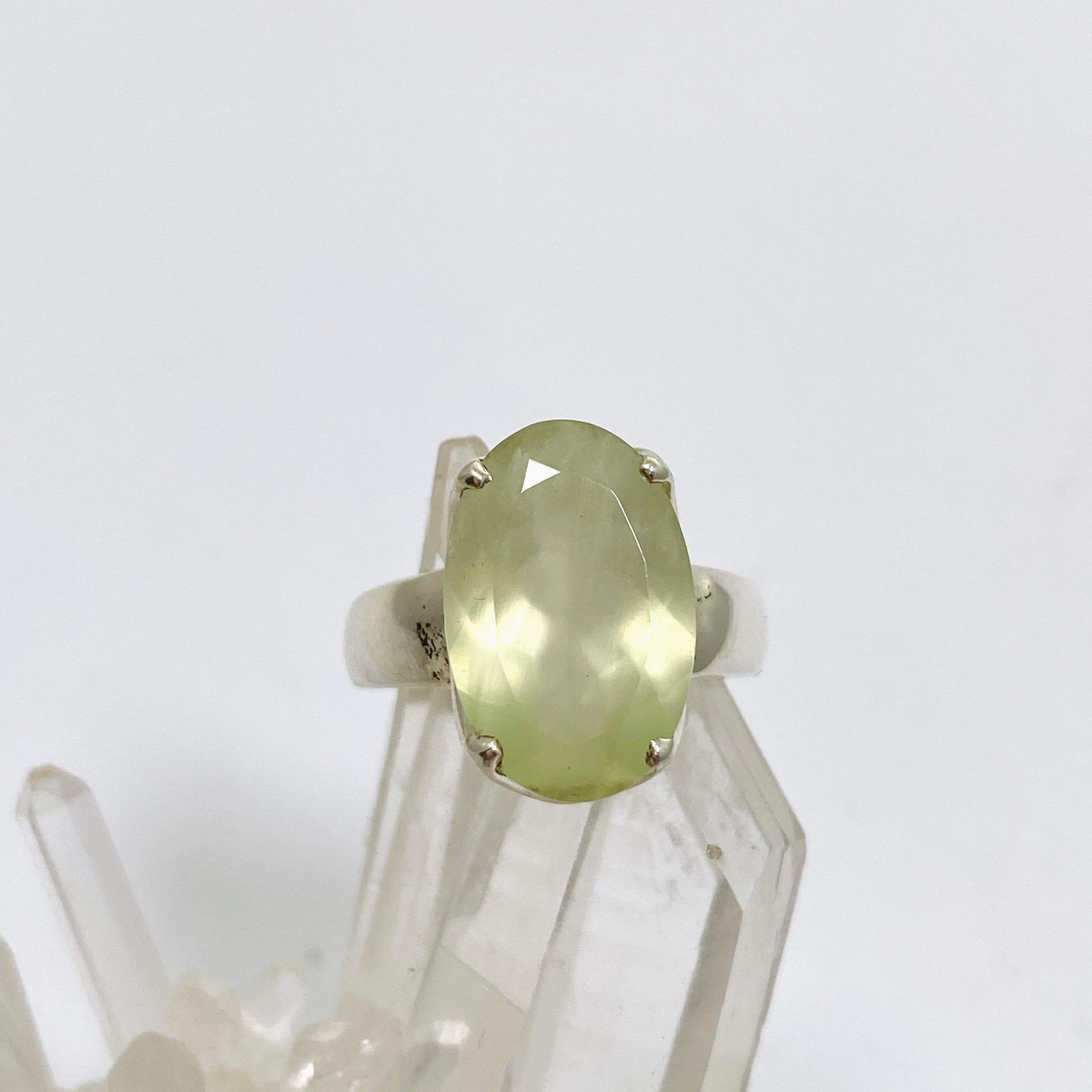 Prehnite Oval Faceted Ring Size 7 - Dainty Gemstone Jewelry for Women - Perfect for Weddings, Anniversaries & Everyday Elegance