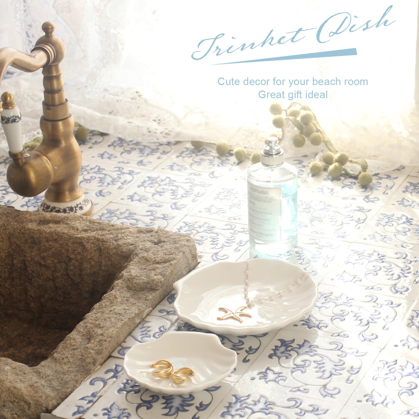 Ceramic Shell Ring Dish Tray - Jewelry Organizer & Key Holder Bowl for Beach Decor | White Small Seashell Trinket Tray | Perfect for Bathroom Counter, Dresser Top & Coastal Home Aesthetic