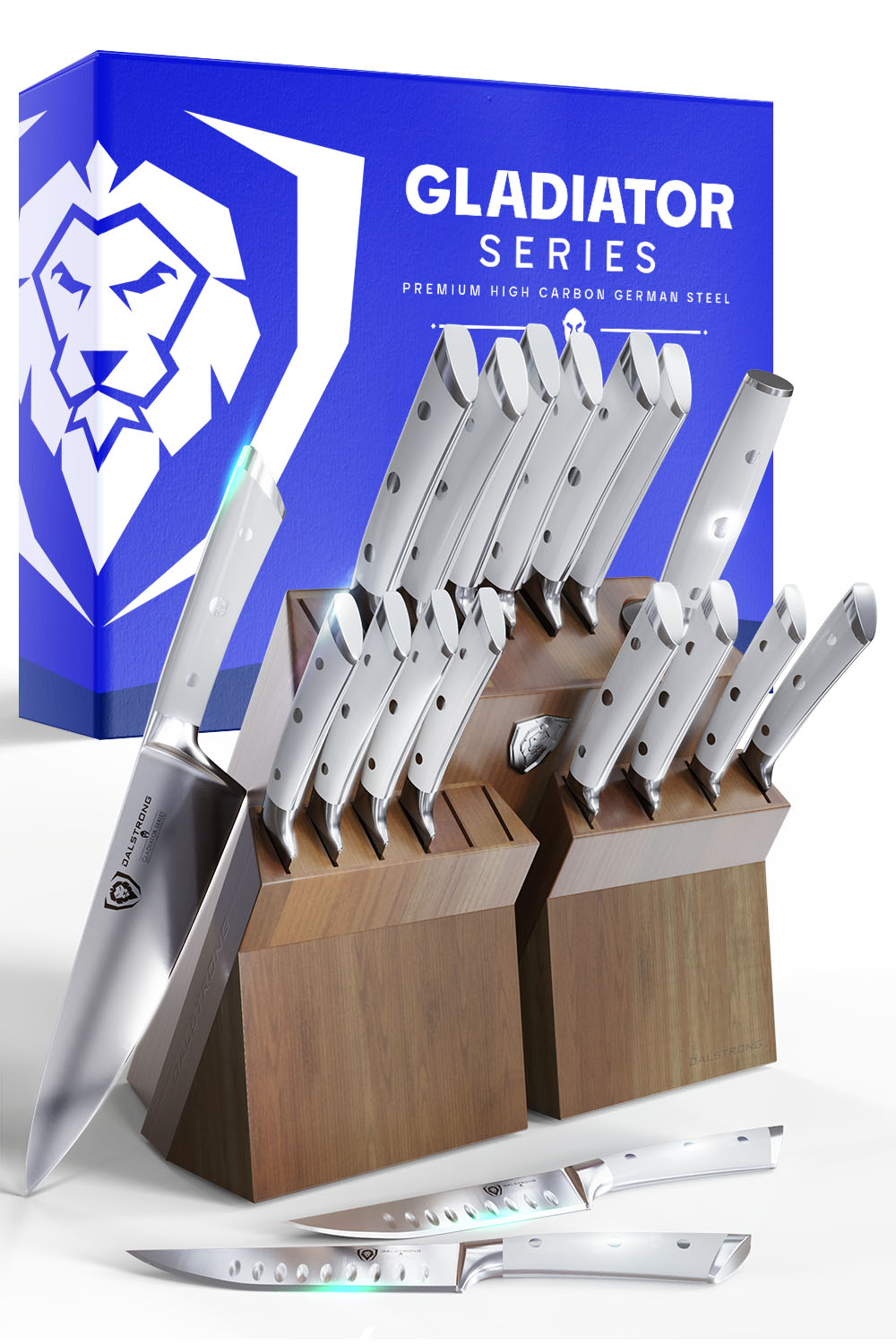 18-Piece Colossal Knife Set with Wooden Block - Gladiator Series with White Handles - NSF Certified Professional Kitchen Knives by Dalstrong - Perfect for Home Chefs & Culinary Enthusiasts