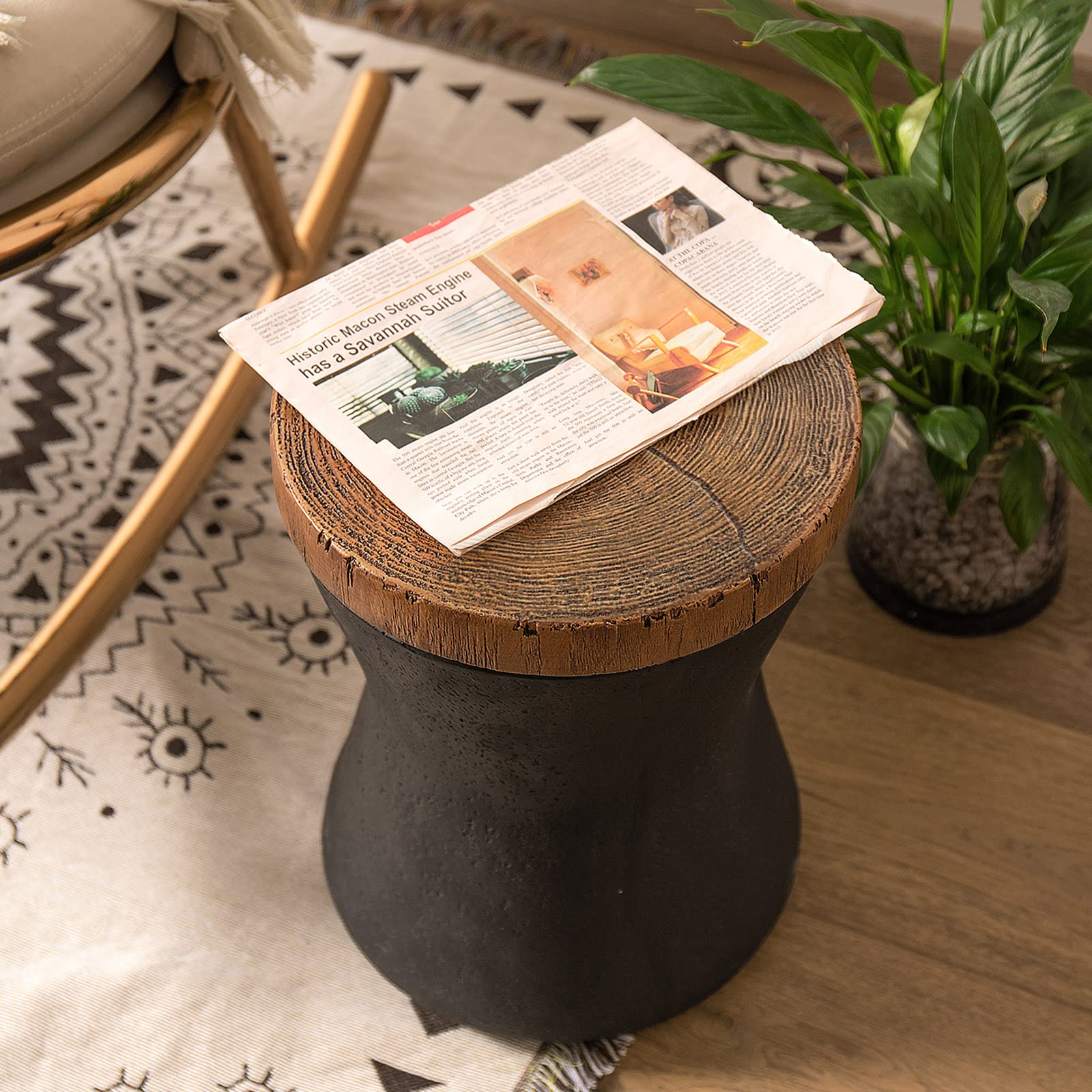 2-Piece Outdoor End Table Set with Faux-Wood Top & Black Base - Hand-Painted Tree Trunk Slice Design - Perfect as Accent Stool, Plant Stand or Patio Side Table for Garden, Balcony and Backyard Decor