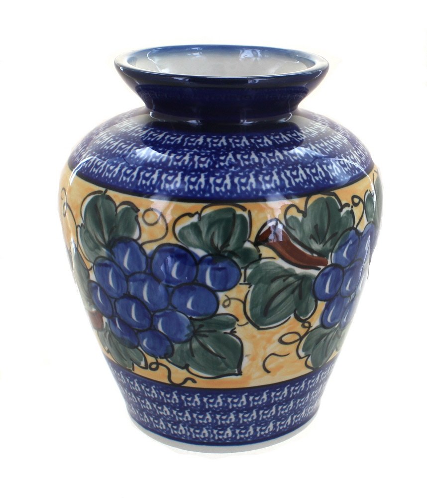 Handmade Blue Rose Polish Pottery Grape Design Medium Vase - Elegant Home Decor for Dining Table, Living Room & Wedding Centerpieces