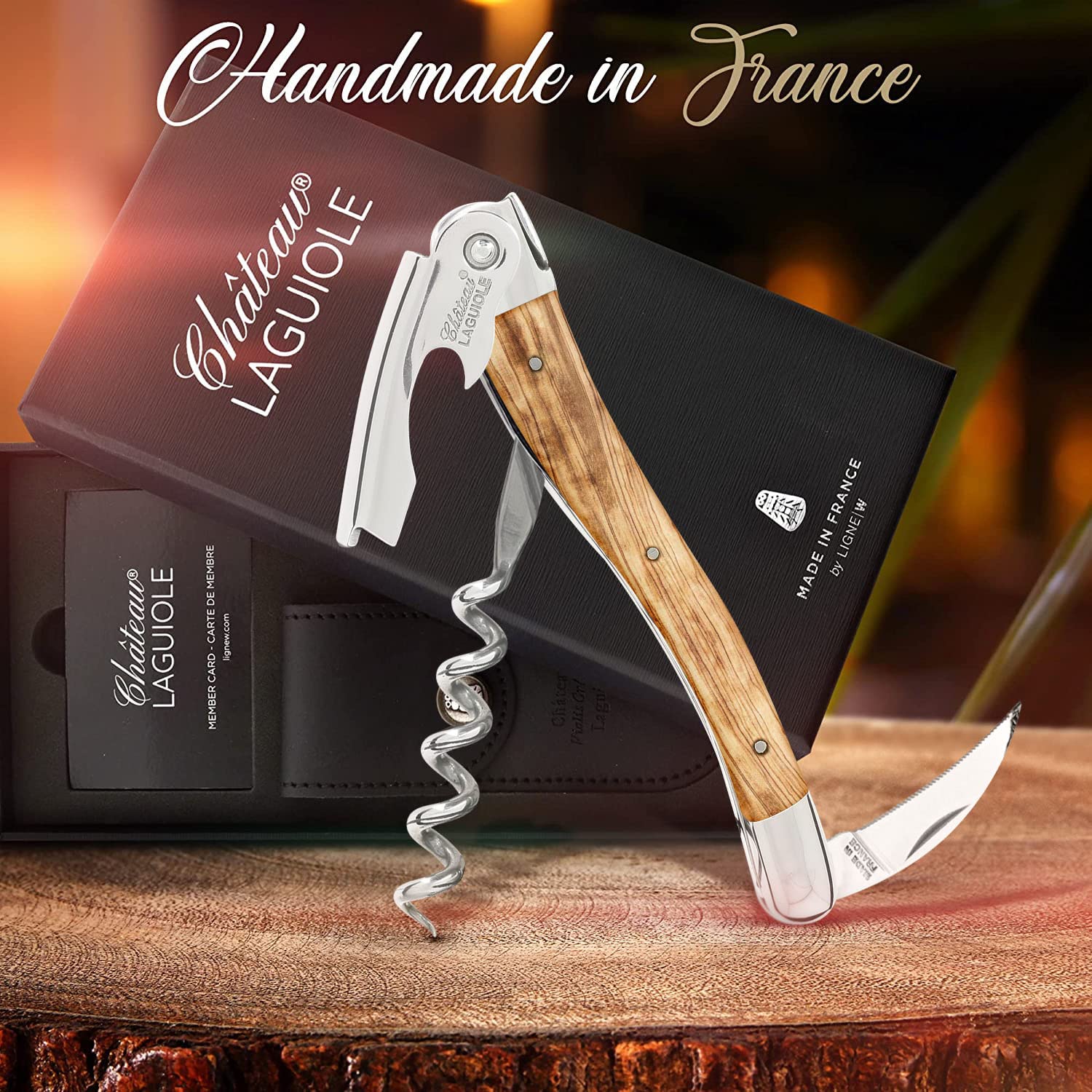 Chateau Laguiole Classic French Wine Opener - Premium Olive Wood Corkscrew with Leather Sheath & Gift Box - Perfect for Wine Lovers, Dinner Parties & Gifts