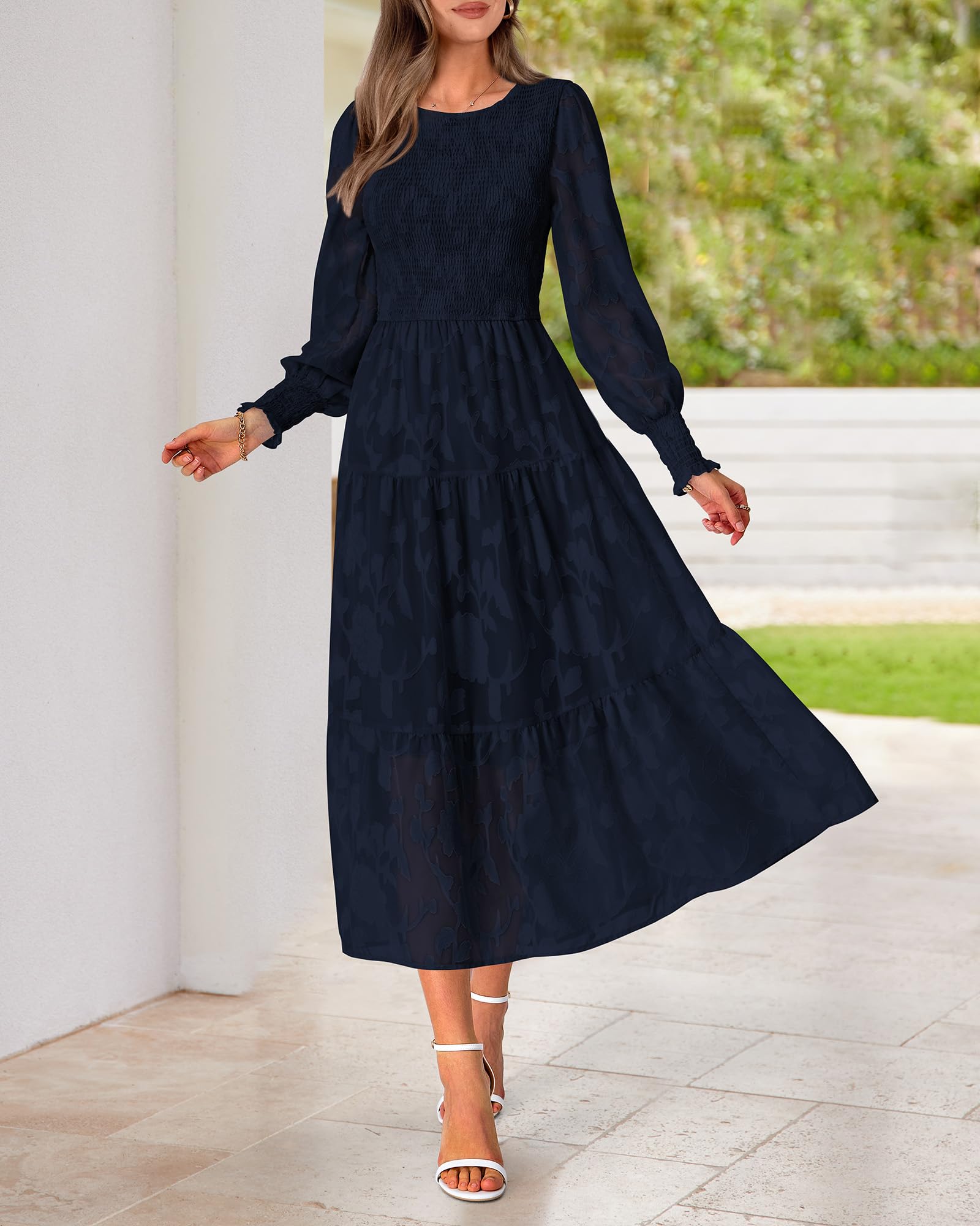 BTFBM Elegant Floral Midi Dress for Women - Long Sleeve Bohemian Wedding Guest Dress - Spring 2025 Casual Flowy Dress for Garden Parties, Bridal Showers & Special Occasions