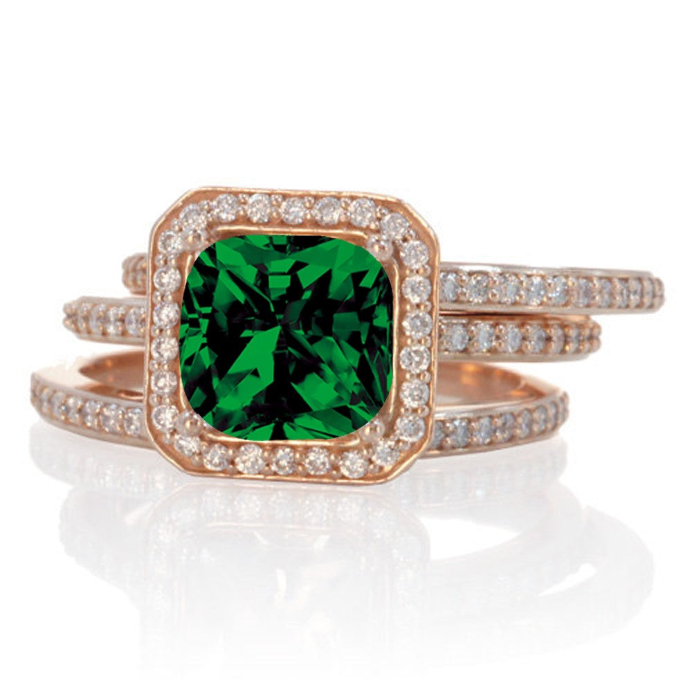 2.25 Carat Princess Cut Emerald & Moissanite Diamond Halo Wedding Ring Set in 10K White Gold - Elegant Bridal Jewelry for Engagement, Proposal & Anniversary Gifts