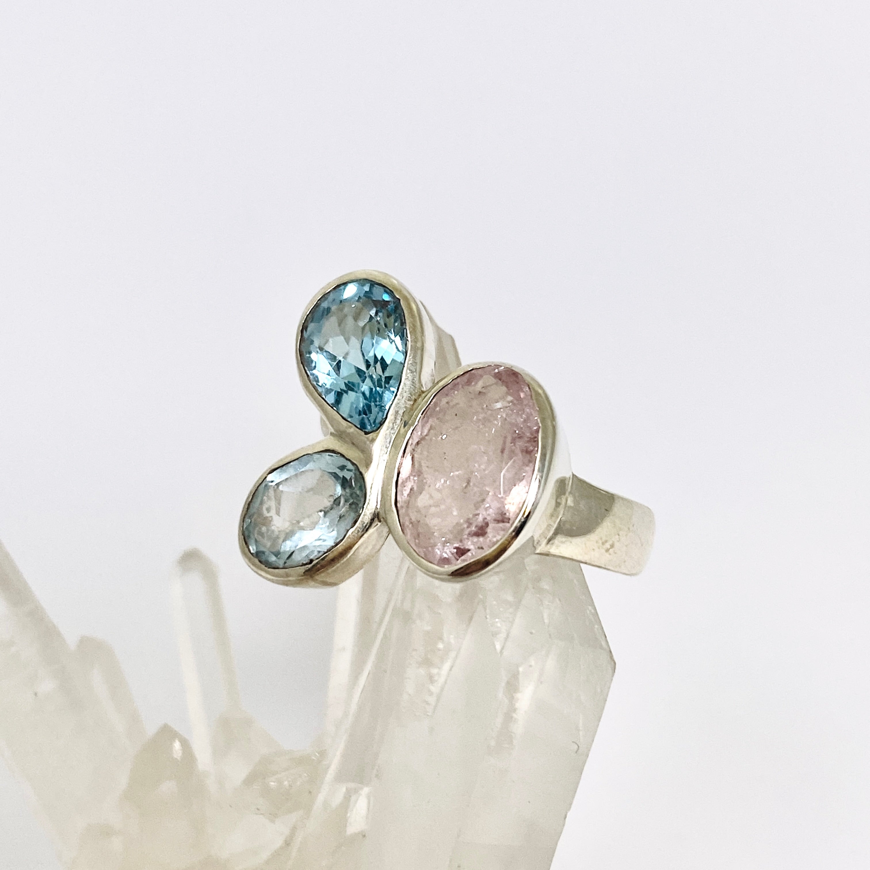 Morganite and Blue Topaz Multi-Stone Faceted Ring Size 8 - Elegant Birthstone Jewelry for Women, Perfect for Weddings, Anniversaries & Special Occasions