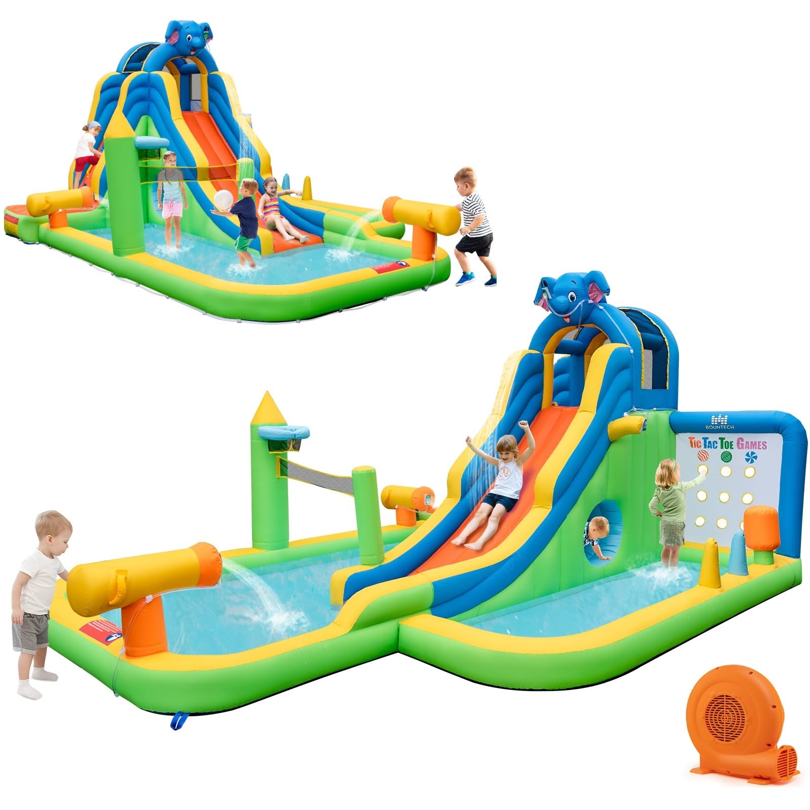 BOUNTECH Inflatable Water Slide Park - 12.5x15.5FT Mega Backyard Water Slide with Splash Pool, Tic Tac Toe Game & 680W Blower - Fun Outdoor Inflatable Water Slides for Kids & Adults - Perfect for Summer Parties, Birthday Gifts & Backyard Water Activities
