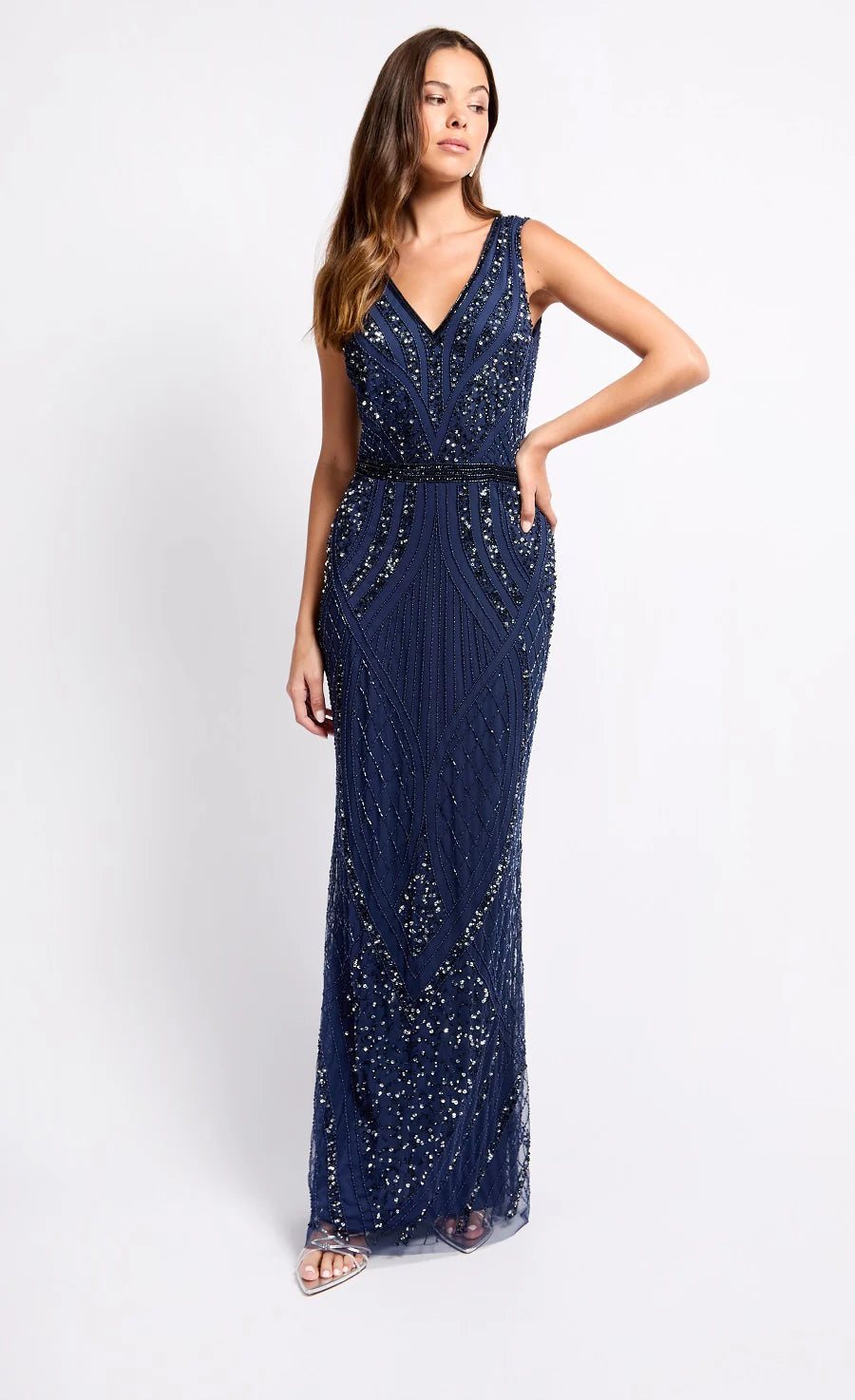 Kim Embellished Deco Maxi Dress for Women - Navy Blue Boho Beach Dress for Summer Vacation, Party & Evening Wear