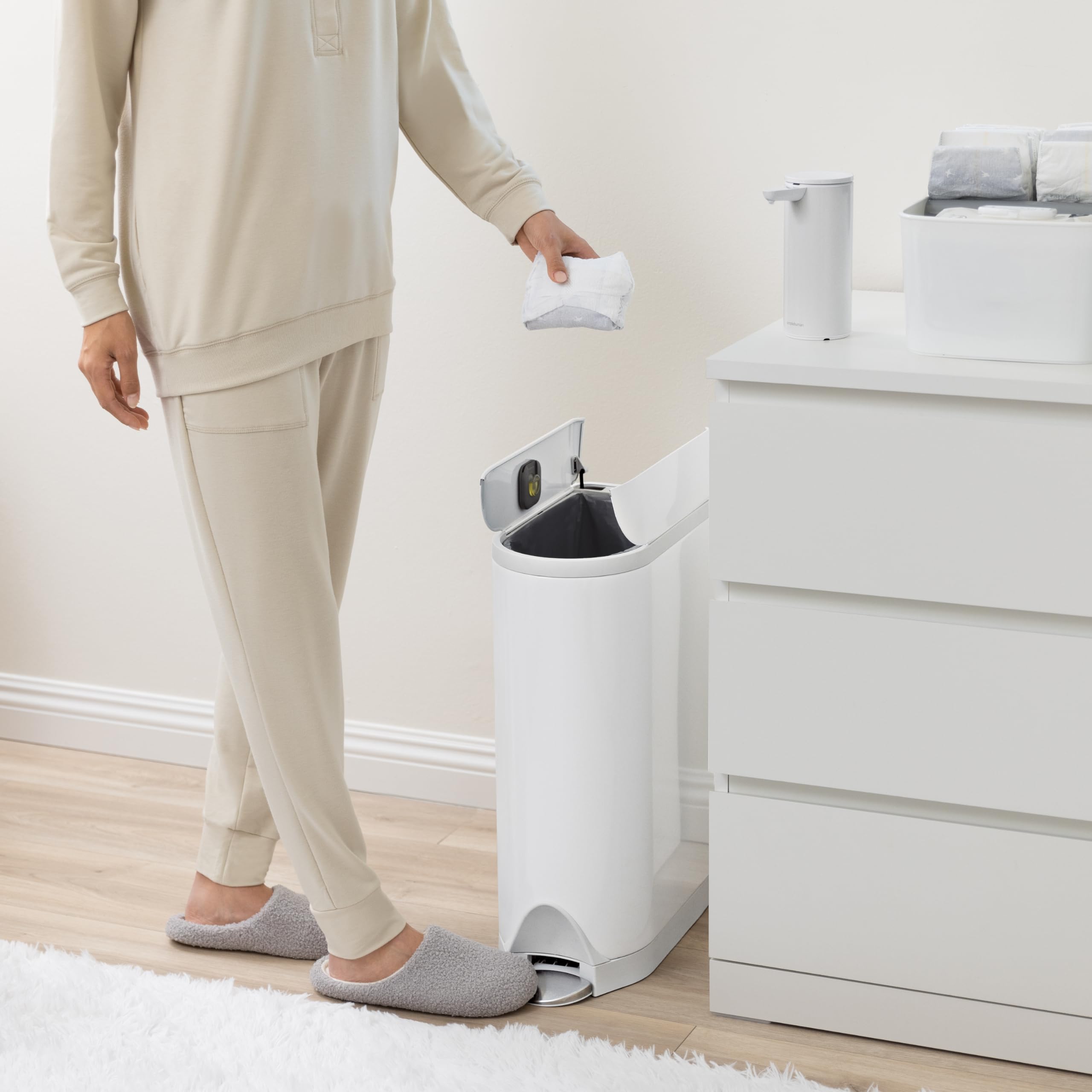 simplehuman Diaper Pail with Odorsorb System – 18L/4.8 Gallon White Stainless Steel Trash Can | Includes Odorsorb Pods & Liners | Perfect for Nursery, Baby Room & Diaper Changing Stations