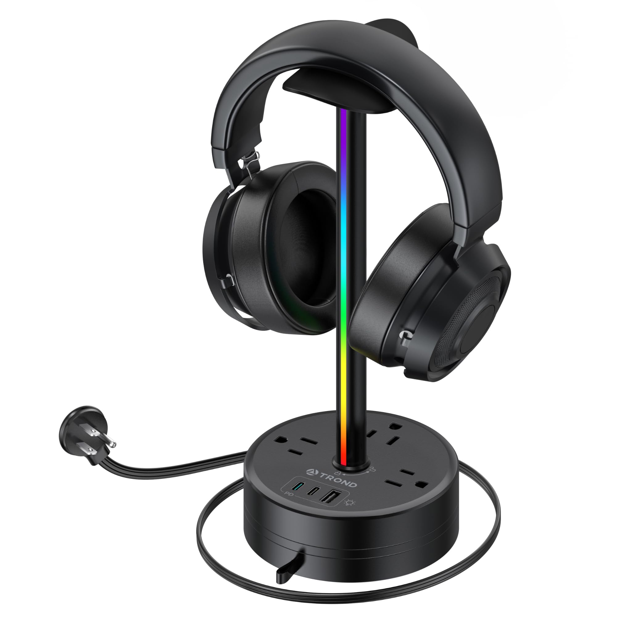 TROND RGB Gaming Headphone Stand with 20W PD USB-C Charger - 3 AC Outlets, 2 USB-C & 1 USB-A Ports, 5ft Retractable Extension Cord with Flat Plug - Desk Organizer for Computer Accessories, Gaming Setup & Home Office (Black) - Perfect for Gamers, Streamers & Remote Workers