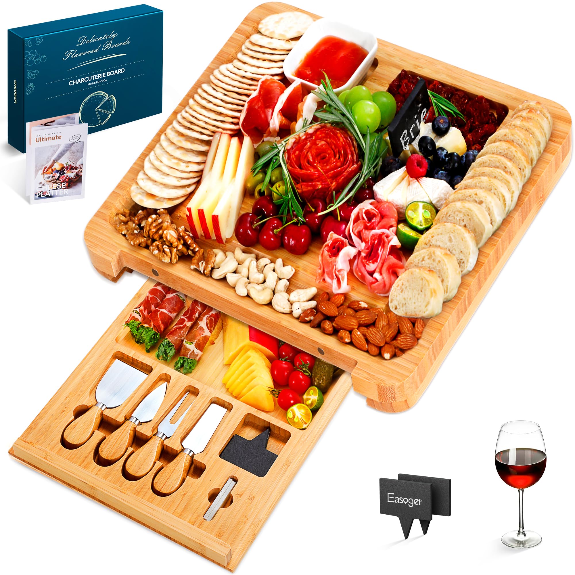 Premium Bamboo Cheese Board Set - Large Charcuterie Platter with 4 Stainless Steel Serving Knives | Perfect for Wine Parties, Housewarming Gifts, Weddings & Birthday Presents for Women & Men | Elegant Entertaining & Gourmet Cheese Tasting