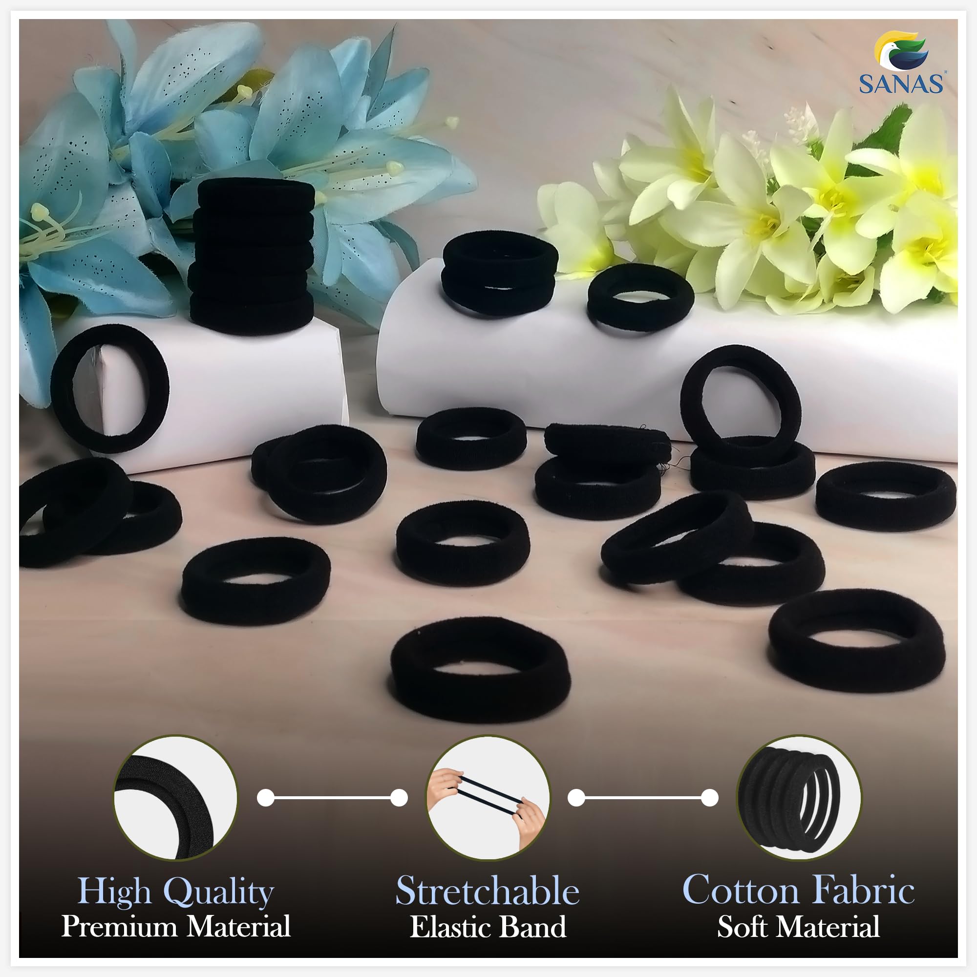Sanas Black Tie Women's 20-Piece Elastic Hair Bands Set - Seamless Soft Hair Ties for Thick Hair, Ponytail Holders, Ladies Hair Accessories (Black) - Perfect for Workouts, Office, and Everyday Styling