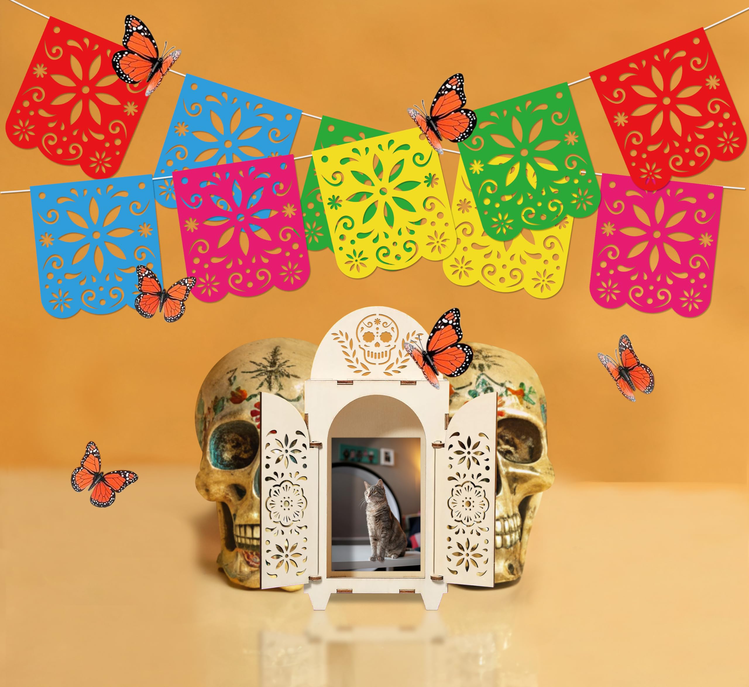 Freesdai 10Pcs Day of The Dead Wooden Shadow Box Decorations - Mexican Dia De Los Muertos Ofrenda Altar Decor with Papel Picado & Butterflies - Perfect for Home Altars, Memorial Displays & Cultural Celebrations