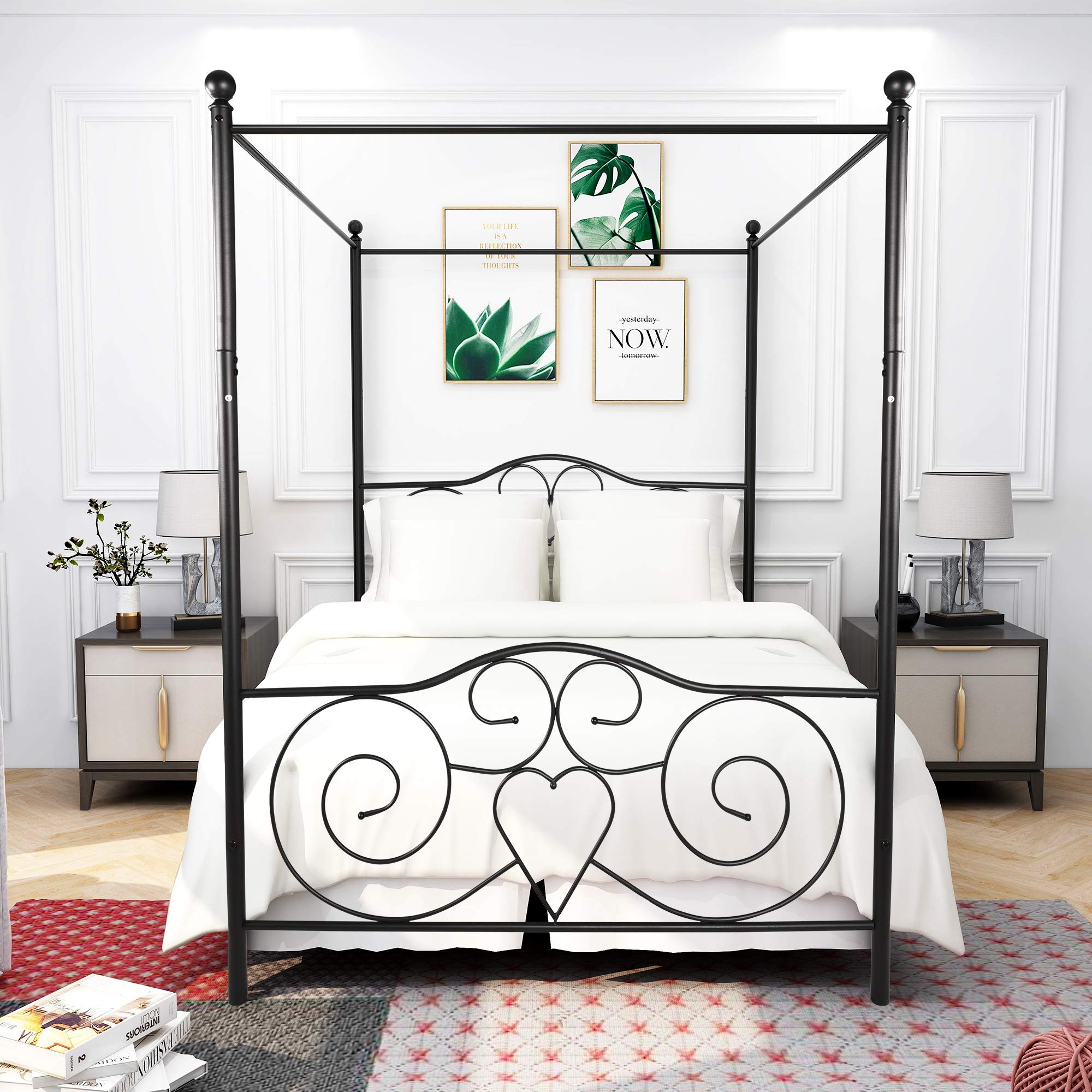 Heavy Duty Steel Canopy Bed Frame with Headboard - No Box Spring Needed for Bedroom Decor (Black)
