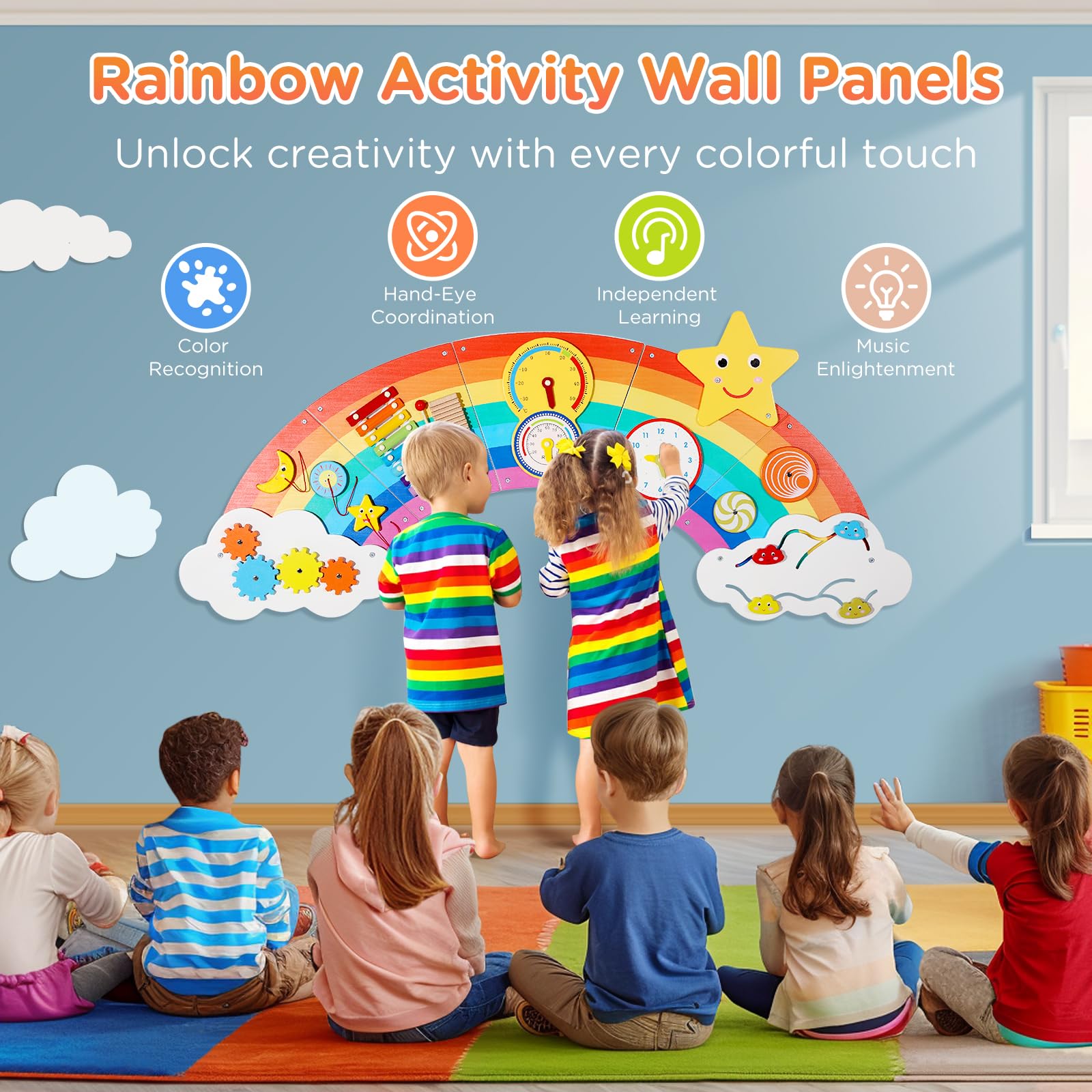 Joyibay Rainbow Sensory Wall Panel - Wooden Busy Board with 9 Sensory Activities for Toddlers | Educational Toy for Bedrooms, Daycares & Playrooms | Montessori Learning & Fine Motor Skills Development