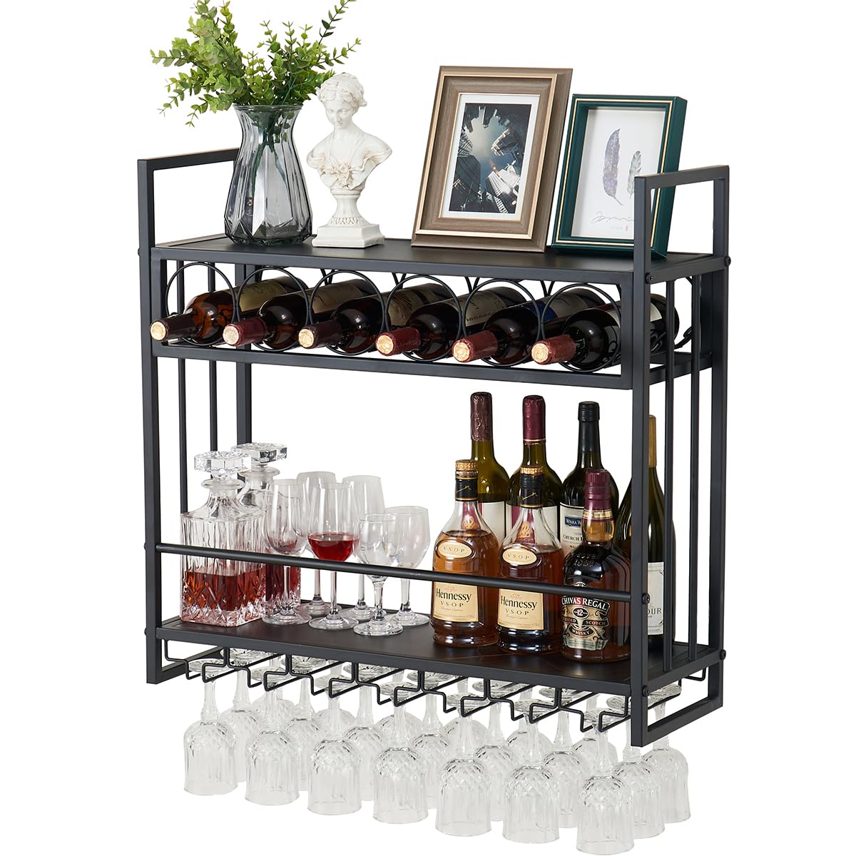 Wall Mounted Wine Rack with Glass Holder - Floating Metal Liquor Shelf for Wine Bottle Storage & Display - Black Bar Decor for Kitchen, Dining Room or Home Bar