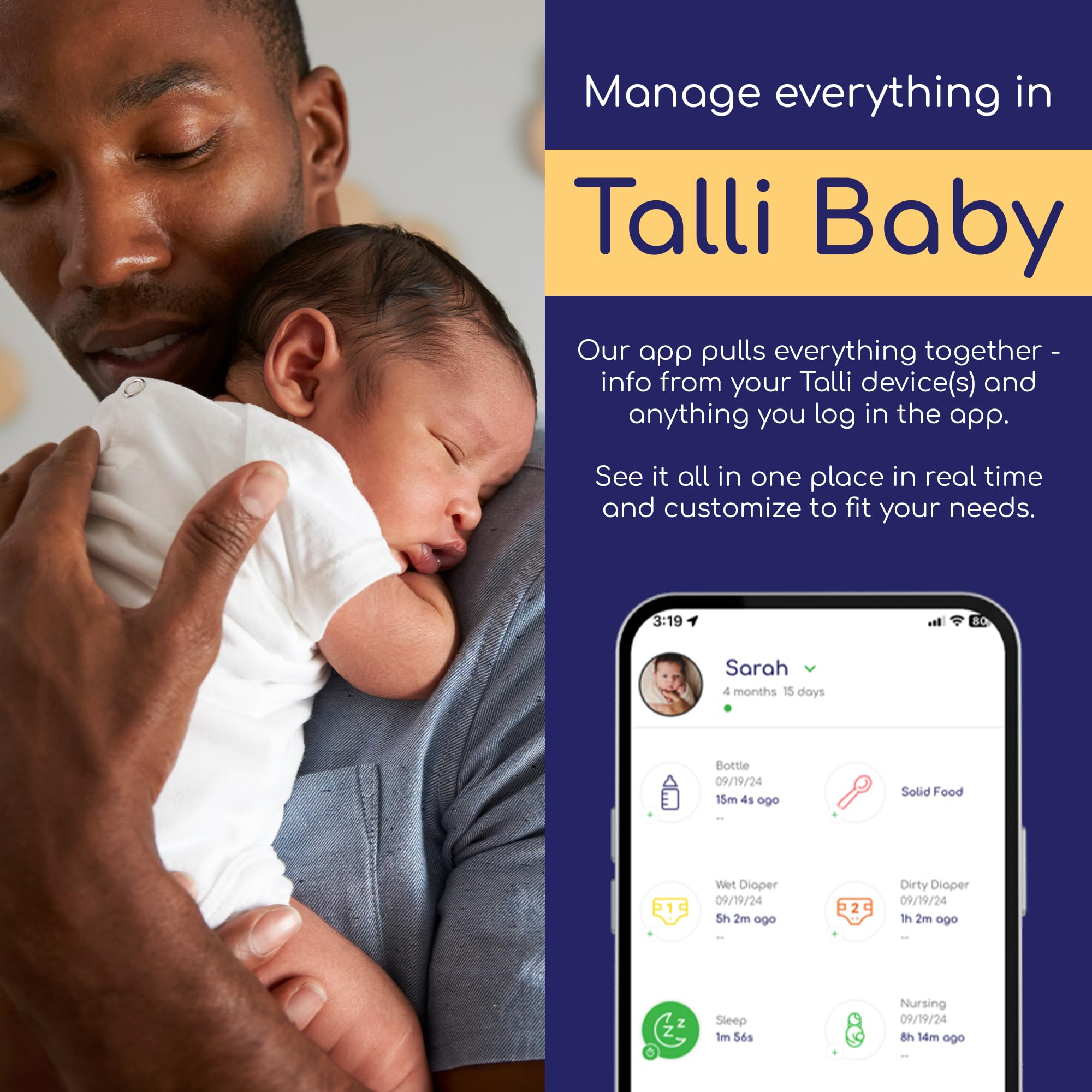 Talli Daily One-Touch Baby Tracker - Smart Baby Monitor for Logging Feedings, Diapers, Sleep & Daily Activities - Syncs with Mobile App for Real-Time Tracking & Alexa Integration - Perfect for New Parents & Caregivers