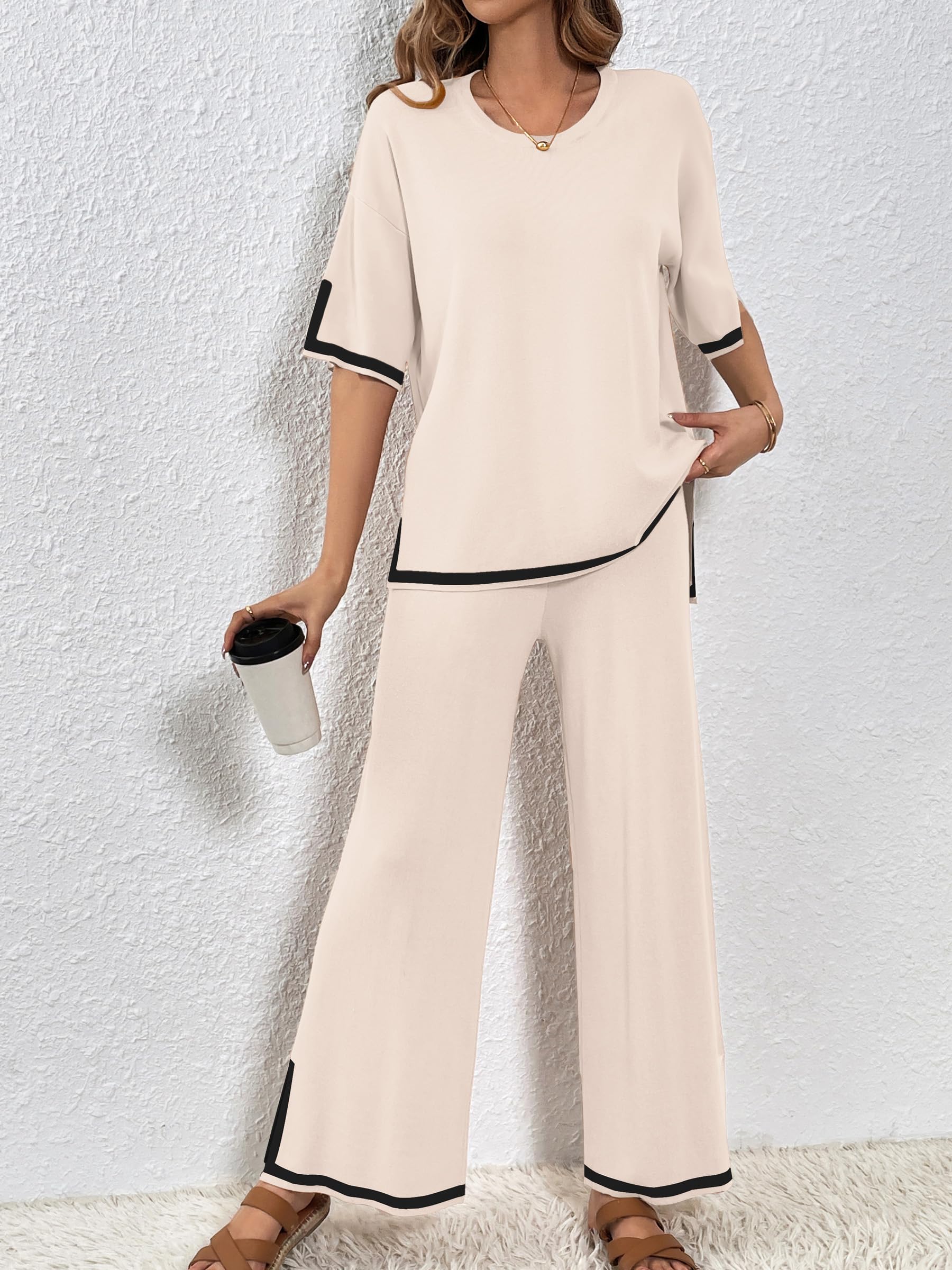 SuperPrity Women's 2-Piece Sweater Set - Short Sleeve Knit Pullover Top & High Waisted Wide Leg Pants Lounge Outfit | Casual Wear, Home Comfort, Street Style Fashion