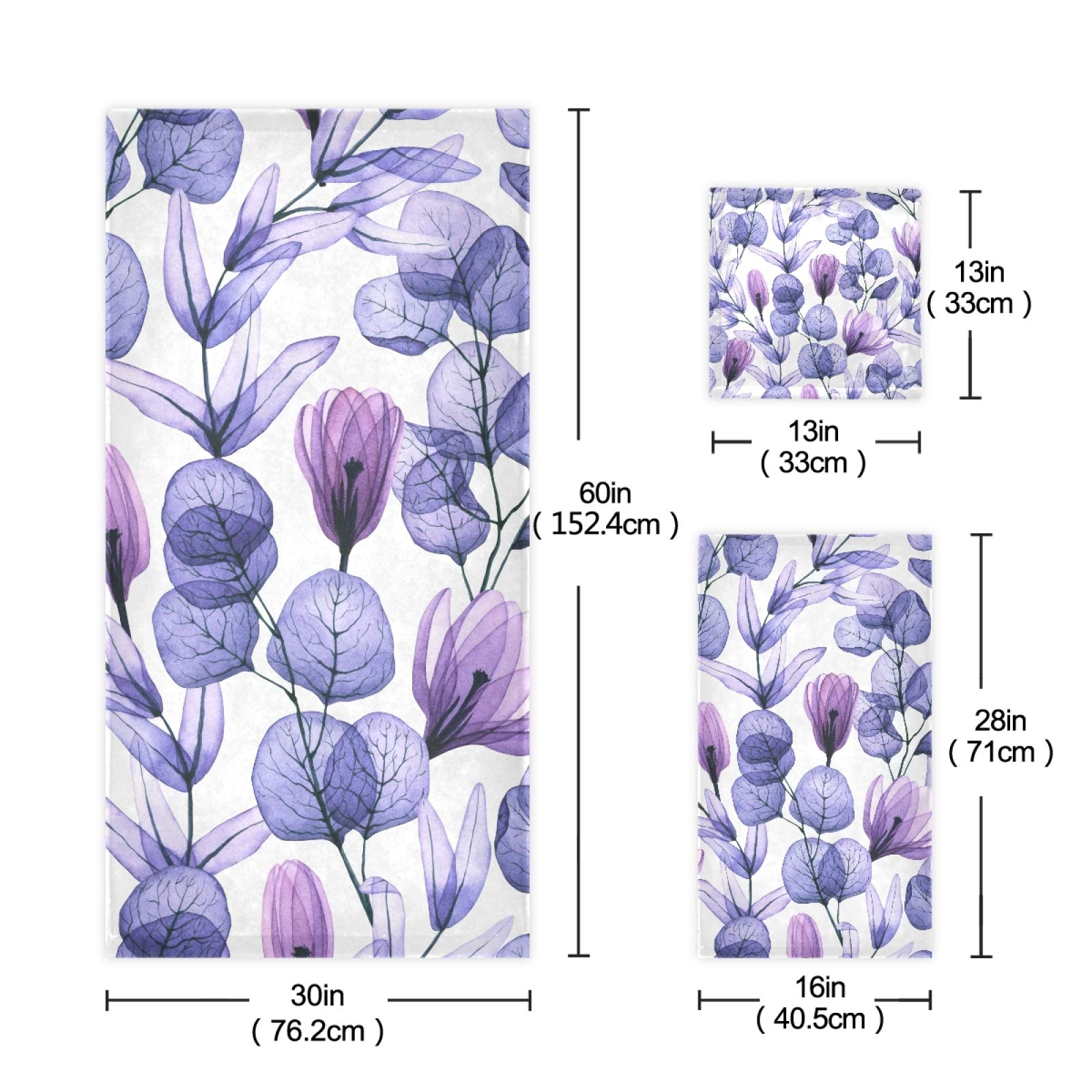 ALAZA 3-Piece Bath Towel Set - Soft, Highly Absorbent Purple Floral Design (1 Bath Towel, 1 Hand Towel, 1 Washcloth) for Bathroom, Spa, Gym & Beach - Luxury Home Decor & Practical Use
