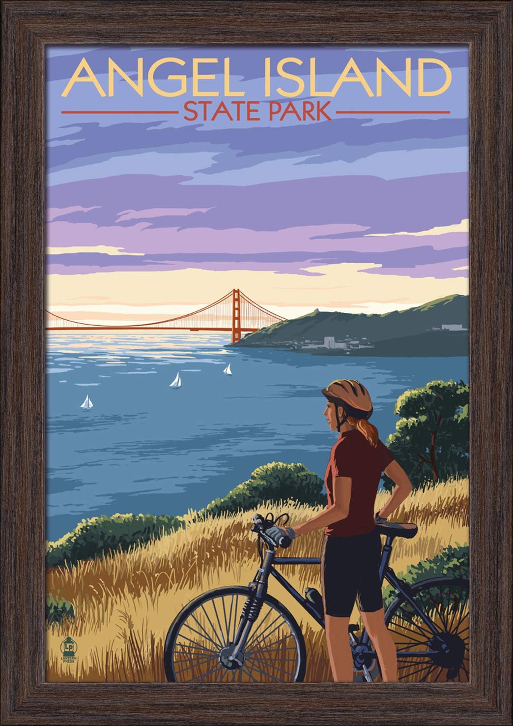 Angel Island San Francisco California Bicycle Scene - 12x18 Giclee Fine Art Print with Recycled Wood Frame in Espresso Brown - Perfect for Living Room, Bedroom or Office Wall Decor