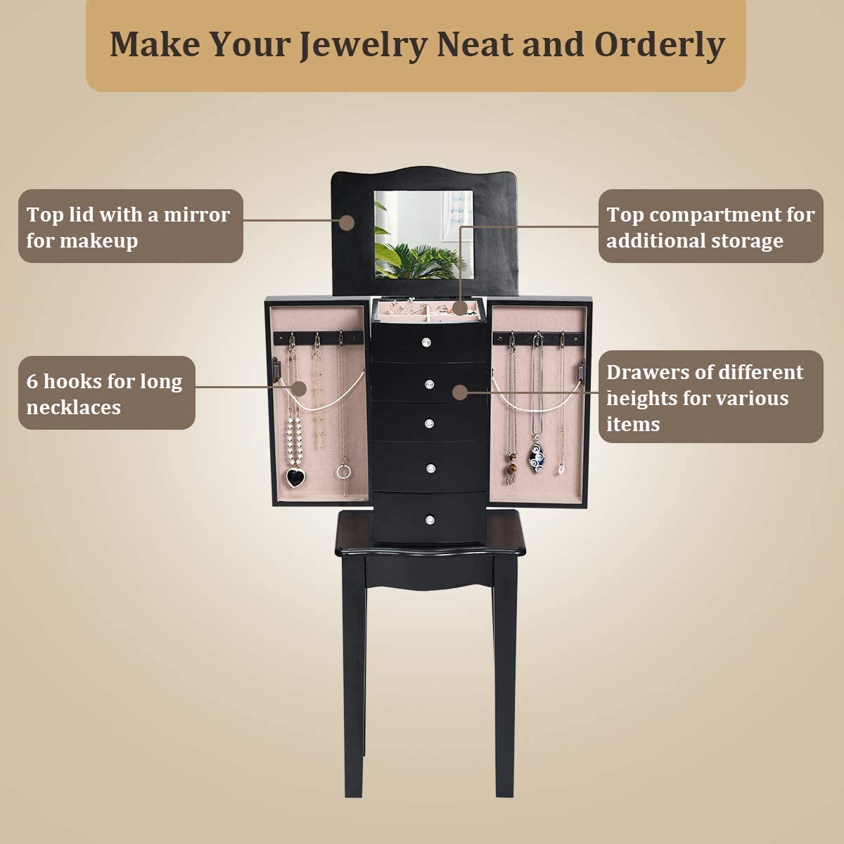 MAT EXPERT Jewelry Armoire with Mirror - 5-Drawer Standing Wooden Jewelry Organizer Cabinet with Flip Makeup Mirror for Rings, Necklaces & Bracelets - Black Jewelry Storage for Bedroom, Closet & Dressing Room