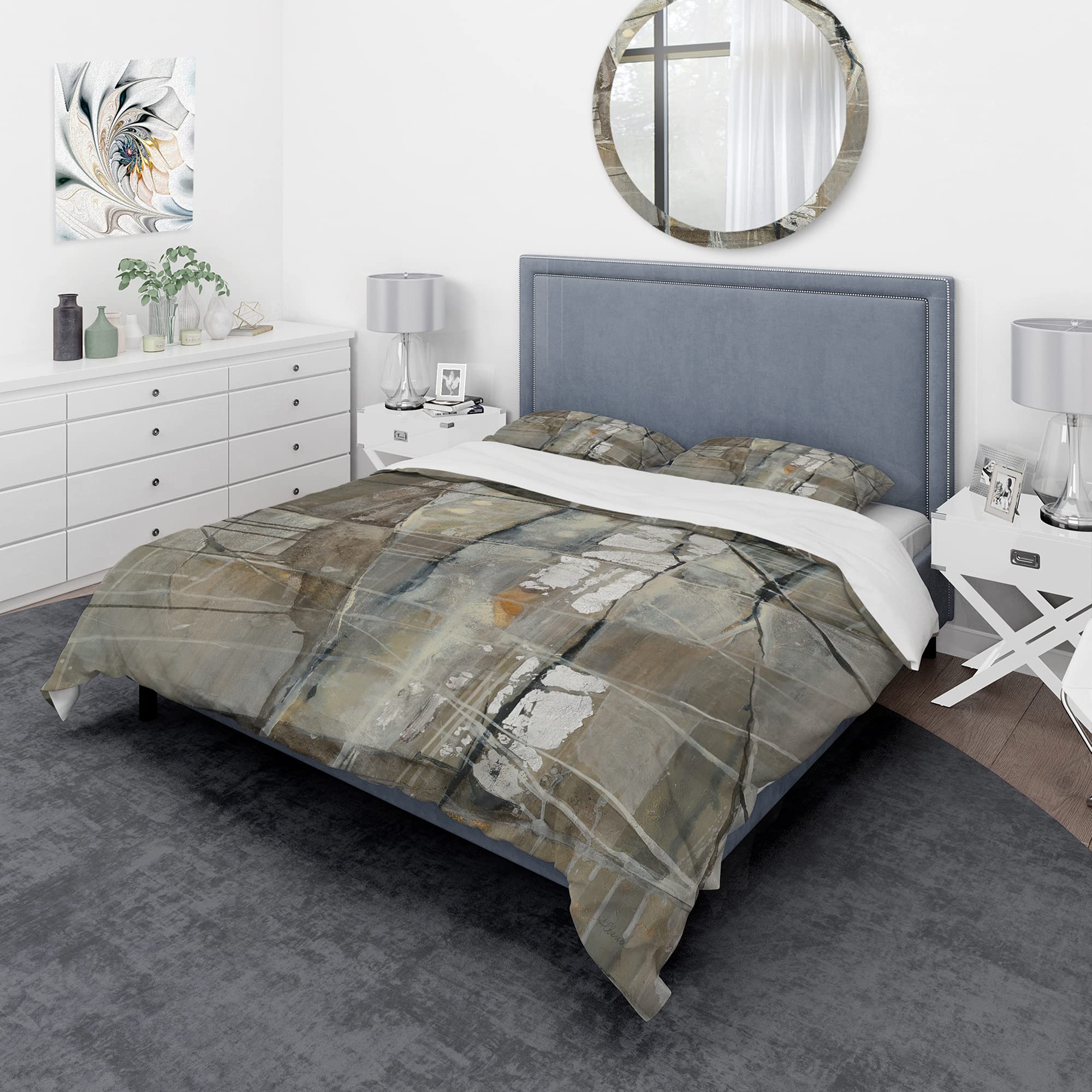 Modern Geometric Duvet Cover Set King - Grey Silver Abstract Bedding for All Seasons
