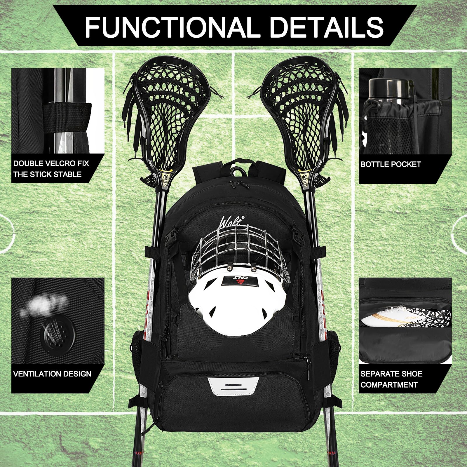 WOLT Lacrosse Backpack with Two Stick Holders - Large Durable Sports Bag for Lacrosse, Field Hockey & All Athletic Gear - Perfect for Games, Practice & Travel