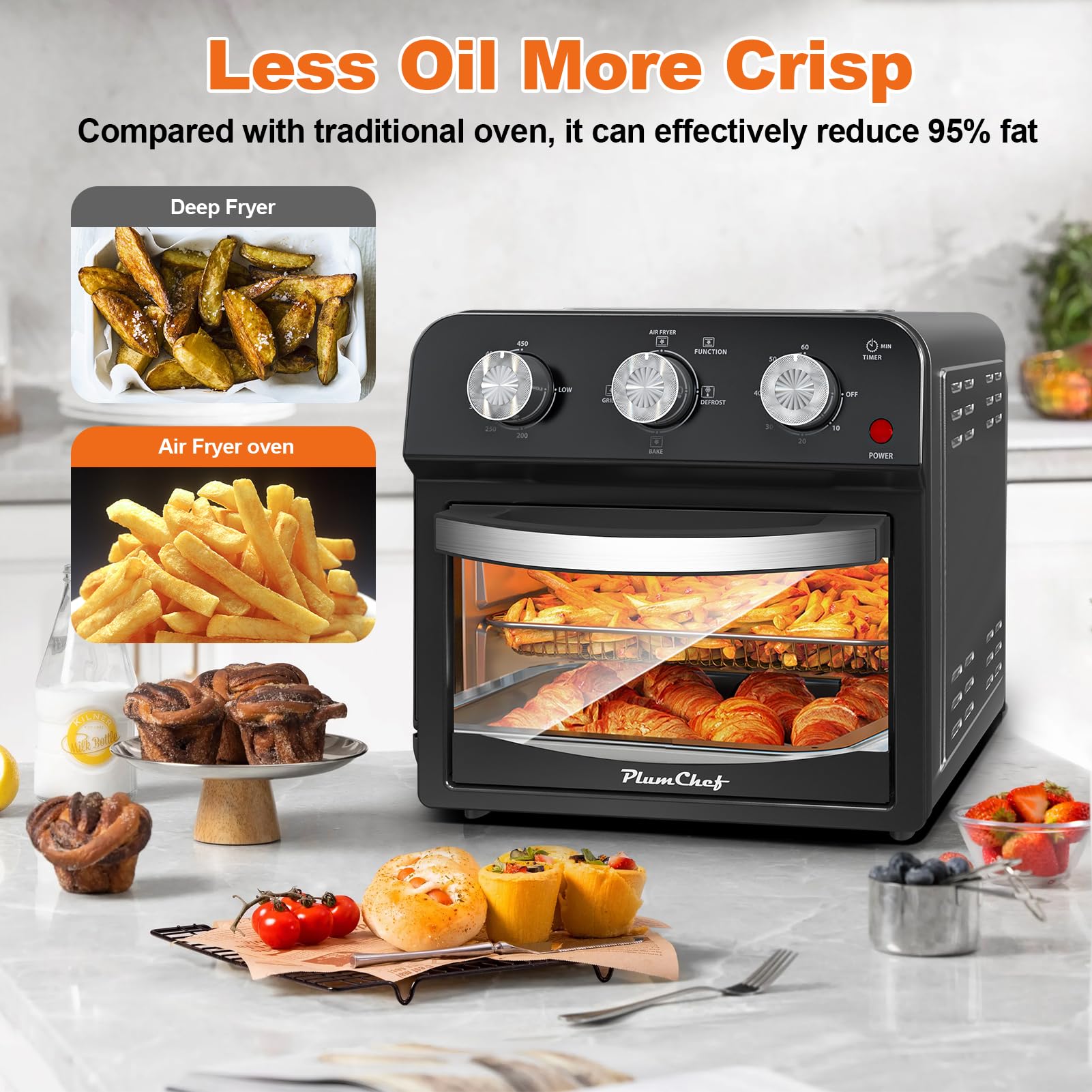 PlumChef 13 Quart 4-Slice Air Fryer Toaster Oven - 1500W 7-in-1 Multifunction Countertop Appliance for Roasting, Baking, Grilling, Broiling, Toasting, Dehydrating & Defrosting (Dark Black) - Perfect for Small Kitchens, Dorms & Quick Healthy Meals