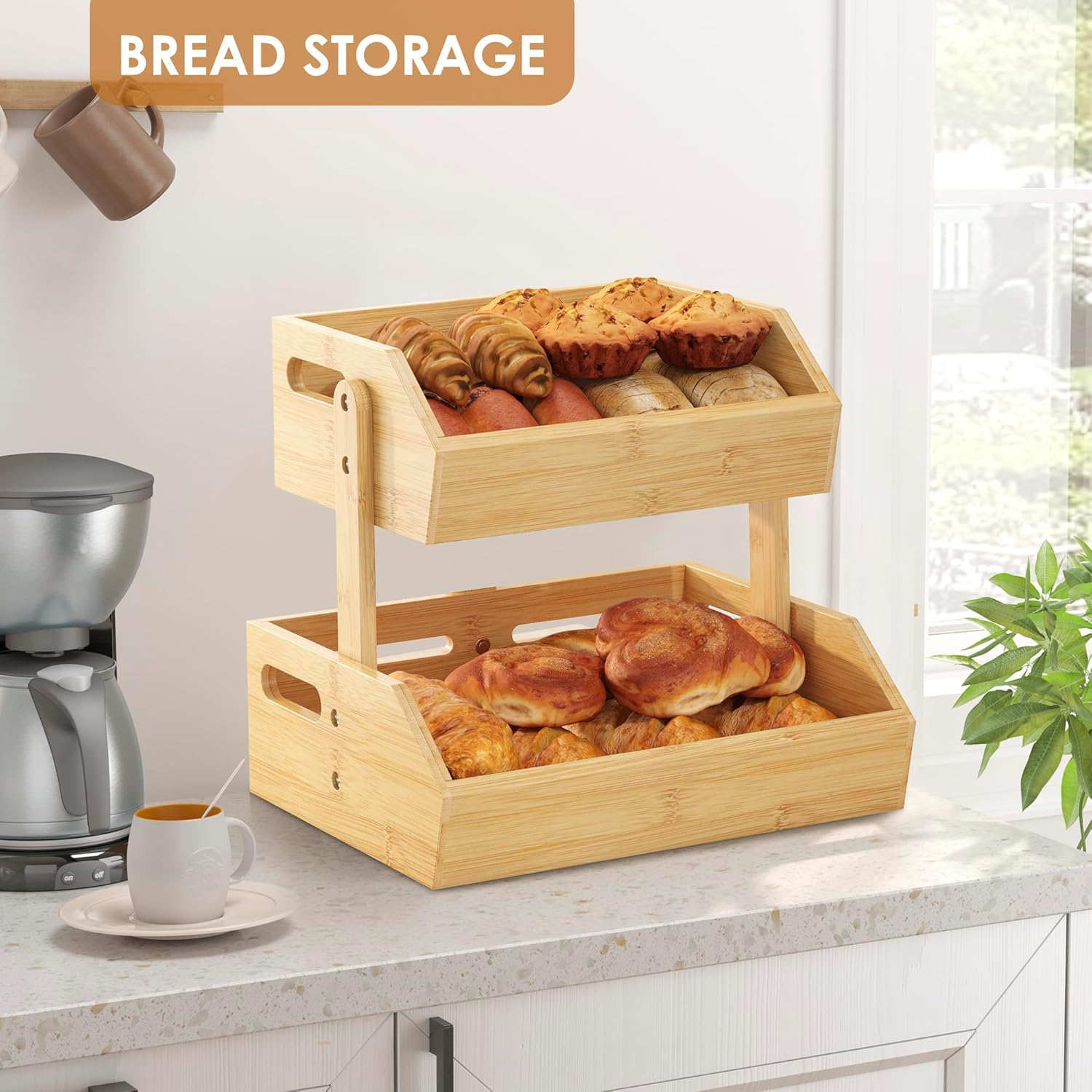 2-Tier Bamboo Fruit Basket - Kitchen Countertop Organizer for Fruits, Onions, Potatoes, Bread & Snacks | Eco-Friendly Storage Solution for Fresh Produce & Pantry Items | Perfect for Home, Office & Dining Room Decor