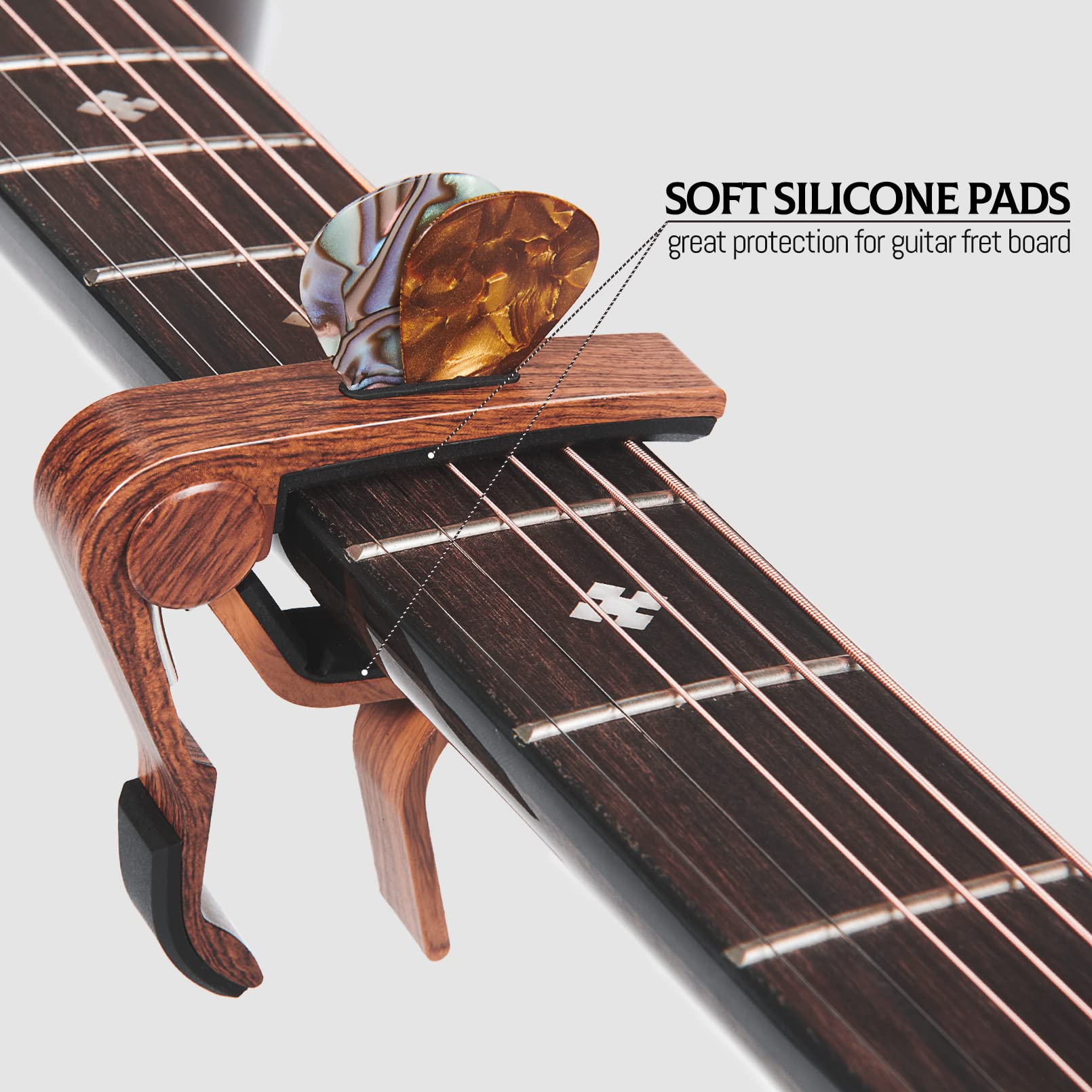 Premium Rosewood Guitar Capo with Pick Holder - Compatible with Acoustic, Electric Guitar, Ukulele, Bass & Banjo - Includes Free Guitar Picks - Perfect for Live Performances, Studio Recording & Practice Sessions