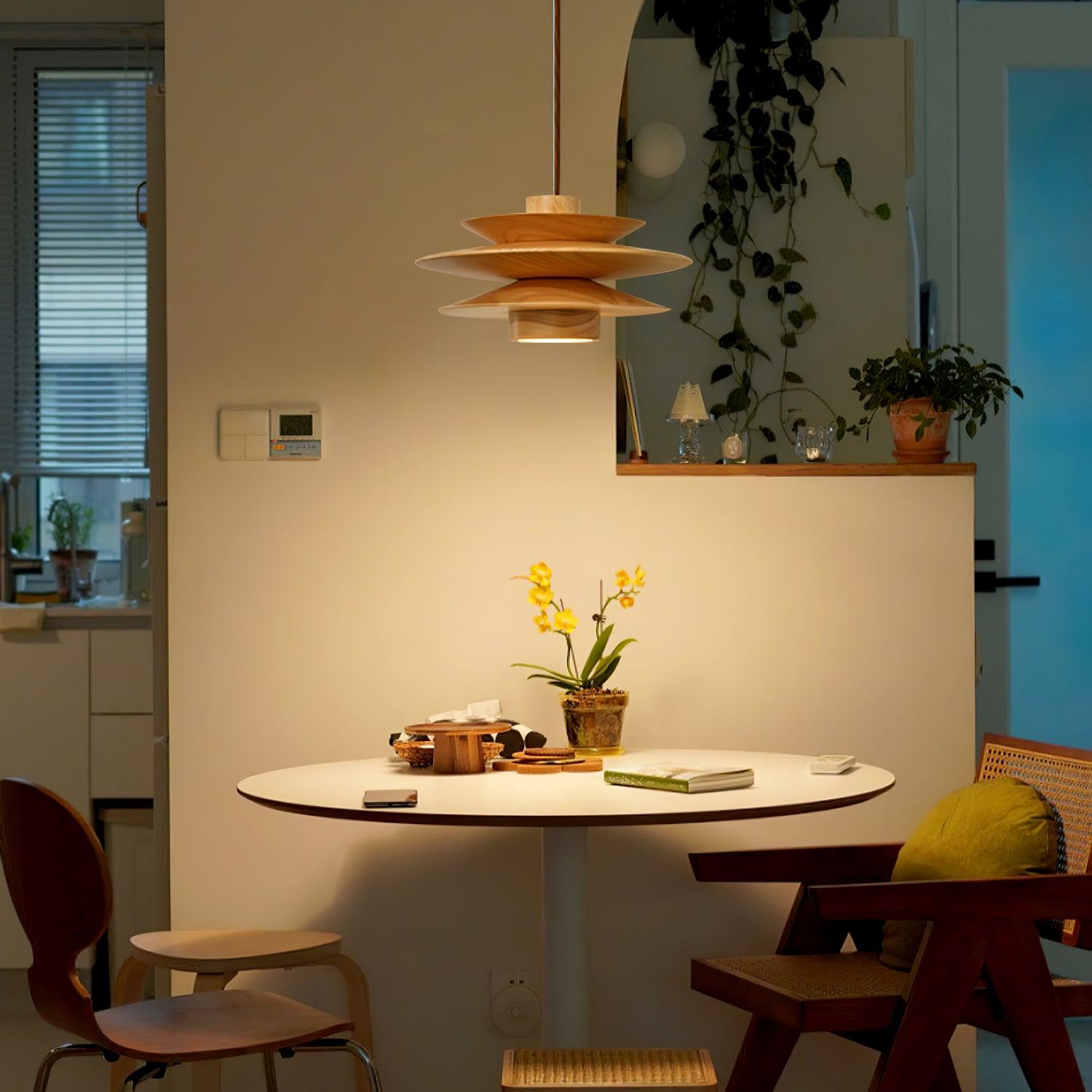 Cascade Wooden Disc Pendant Lamp - Modern Scandinavian Style Hanging Light Fixture for Dining Room, Bedroom, or Living Room Decor