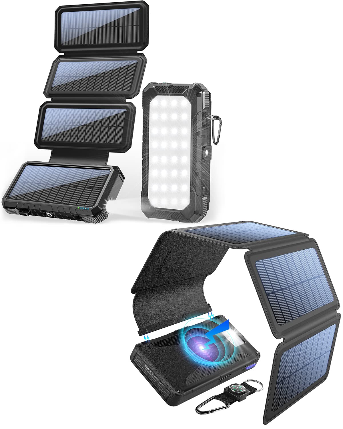 20,000mAh Solar Charger 2 Pack - Portable Power Bank with Foldable Solar Panels, High Capacity External Battery Pack for Camping, Hiking & Emergency (W12Pro-Black, W09-Black) | Waterproof & Durable Outdoor Solar Charger for Phones, Tablets & USB Devices