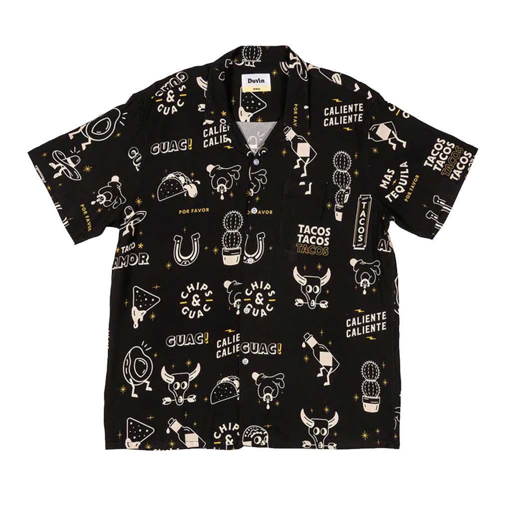 Duvin Chips and Dip Button Up Shirt for Men - Stylish Casual Black Shirt for Parties, BBQ, and Summer Outings