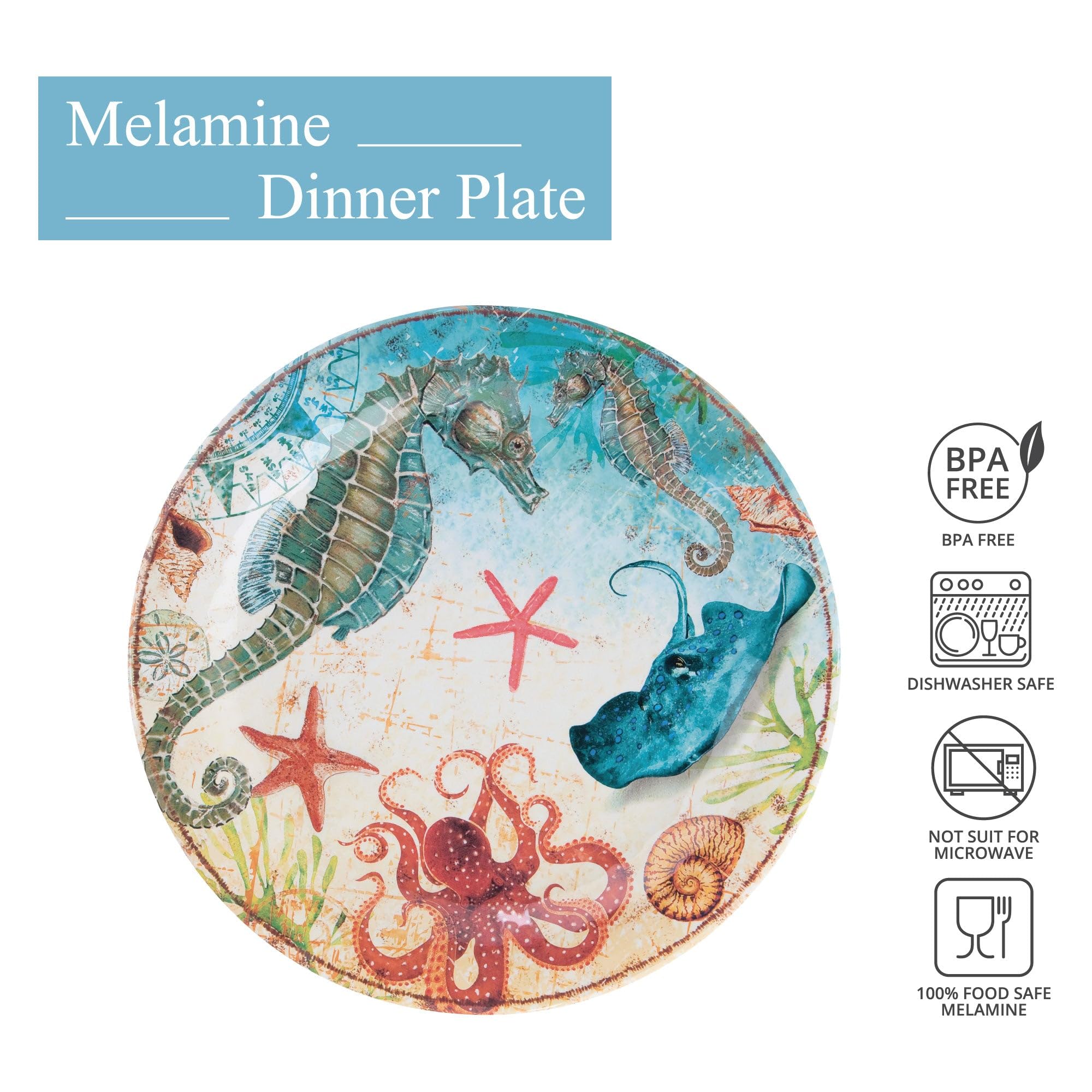 UPware 6-Piece Melamine Dinner Plate Set - BPA-Free, Dishwasher Safe 11-Inch Round Plates for Main Course, Pasta & Salad | Durable & Stylish Seahorse Design for Restaurants, Picnics & Outdoor Dining