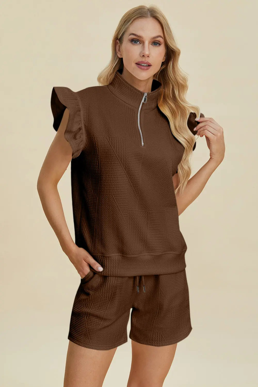 Double Take Full Size Textured Flounce Sleeve Top and Shorts Set - Women's Casual Summer Outfit for Beach, Vacation & Date Night