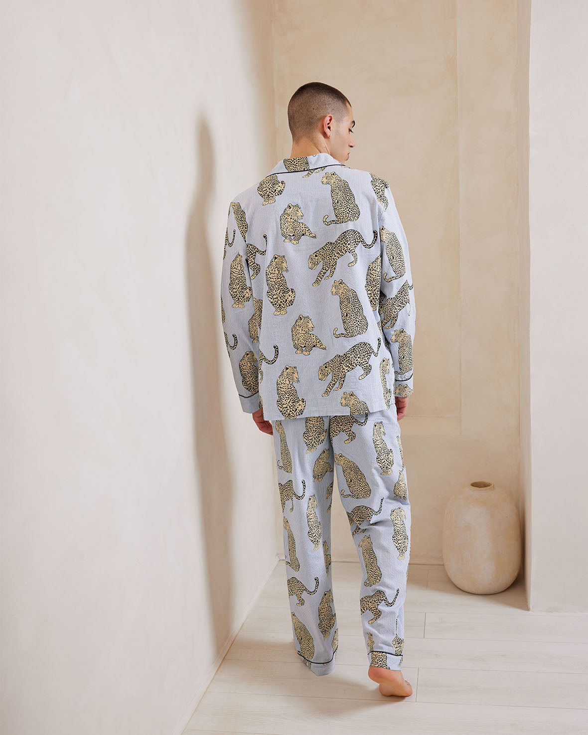 Seersucker Cotton Leopard Stripe Print Long Pajama Set for Women - Soft & Breathable Sleepwear for Summer Nights, Loungewear, and Vacation Comfort