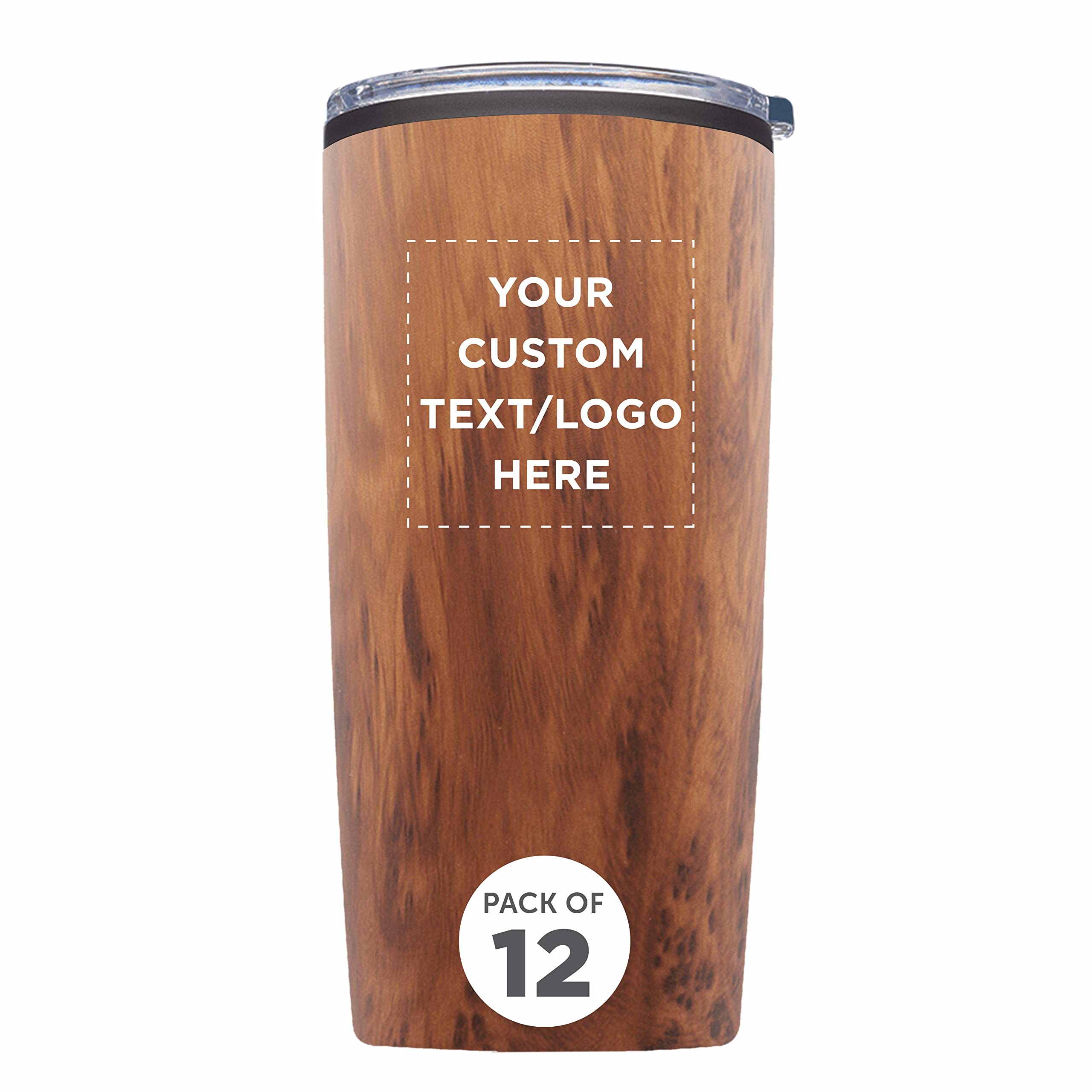 12-Pack Custom 20 oz Plastic Tumblers with Lids - Insulated Personalized Coffee Cups for Travel, Office & Outdoor Use - Bulk Pack Wood Design