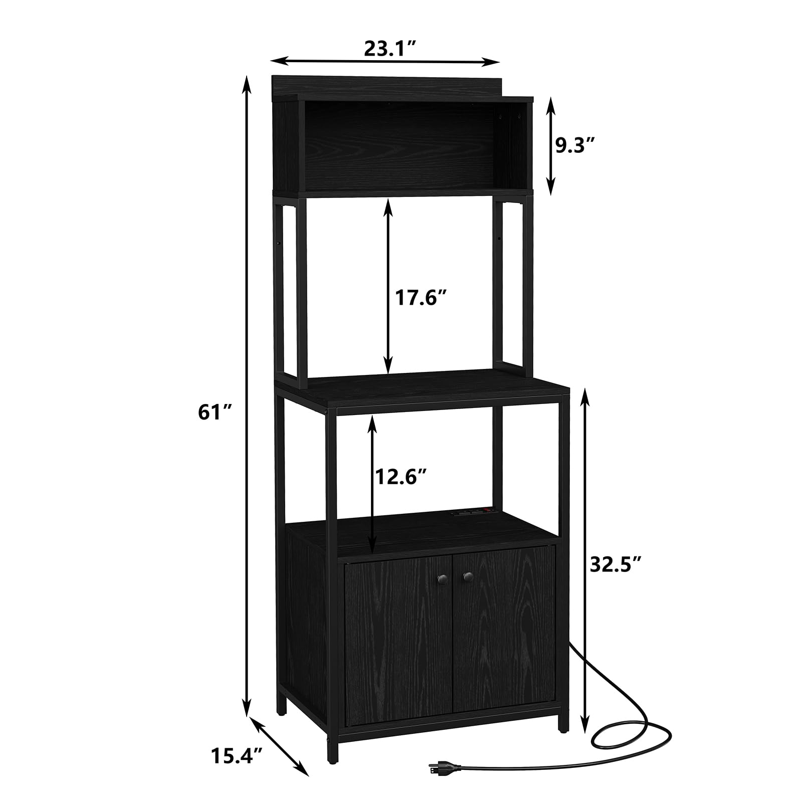 5-Tier Kitchen Bakers Rack with Power Outlet & Storage Cabinet - Industrial Microwave Stand, Coffee Cart, Black Metal Kitchen Storage Shelf for Small Spaces, Apartments & Home Organization