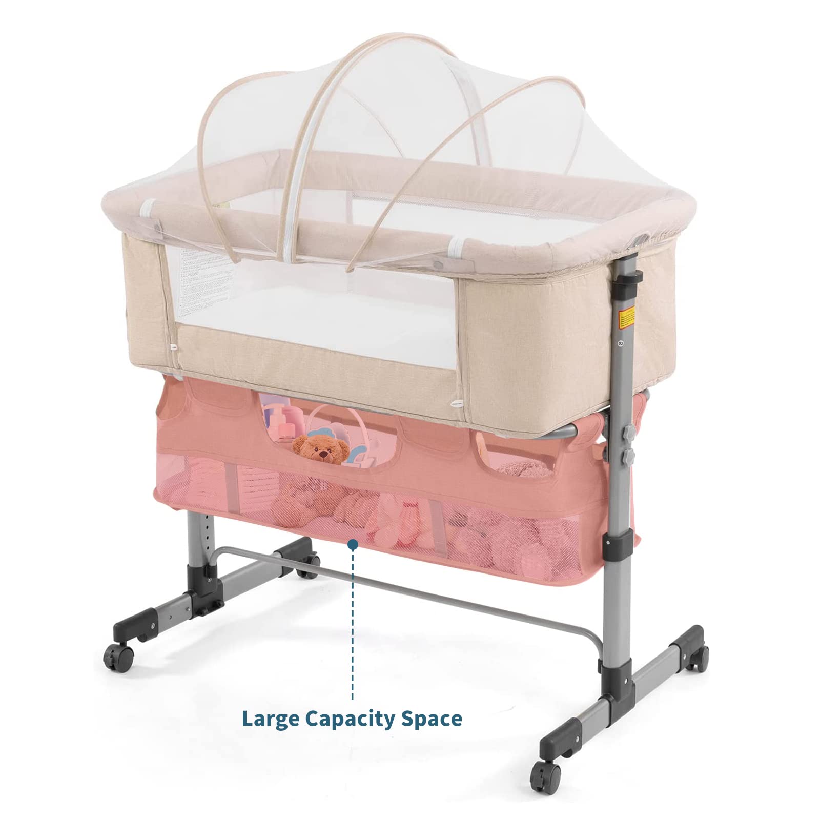 3-in-1 Portable Adjustable Bedside Crib for Newborn Baby - Convertible Bassinet with Mosquito Net for Girls & Boys - Deep Khaki - Perfect for Nursery, Bedroom & Travel