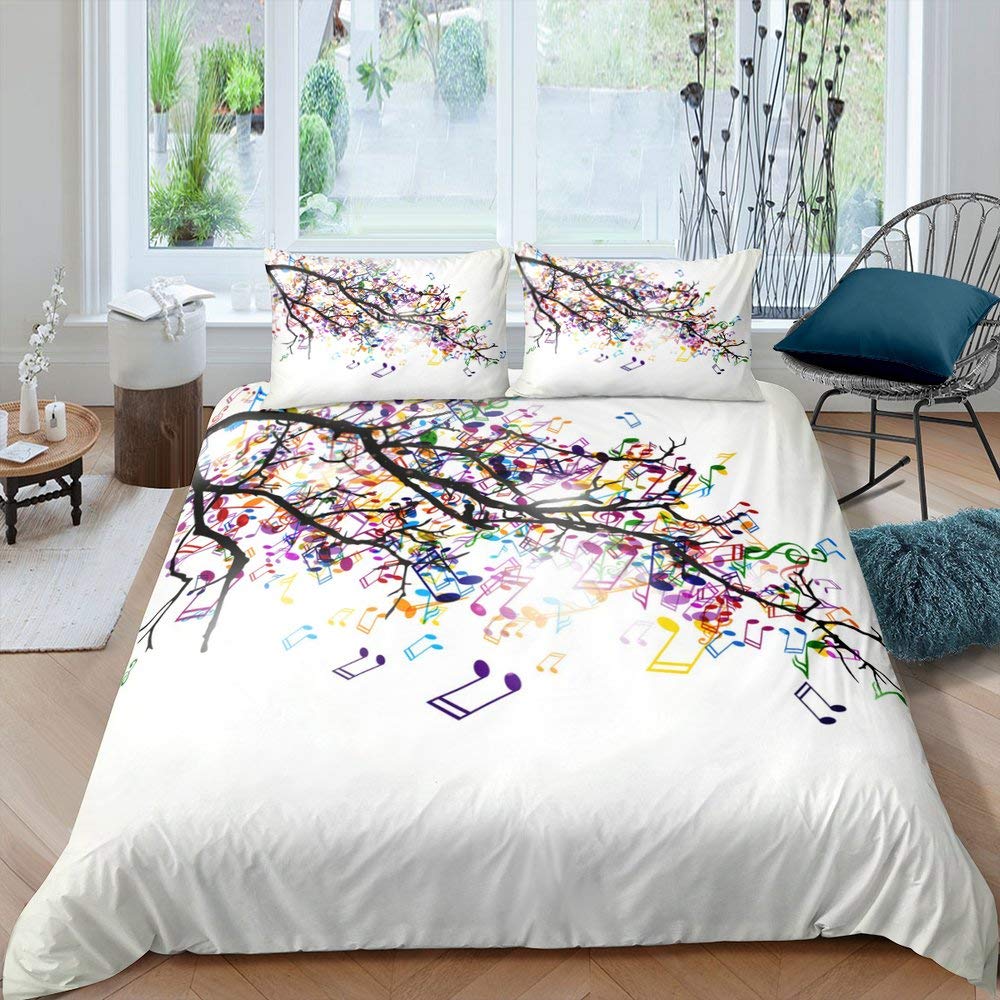 **Boys Girls Music Note Floral Pattern Bedding Set - Twin Size Duvet Cover & Pillowcase Set, Black Tree Branch Design on White Background - Perfect for Music Lovers & Kids Room Decor**    *(Use Case: Ideal for children's bedrooms, dorm rooms, or music-themed decor, adding a playful and artistic touch to any space.)*