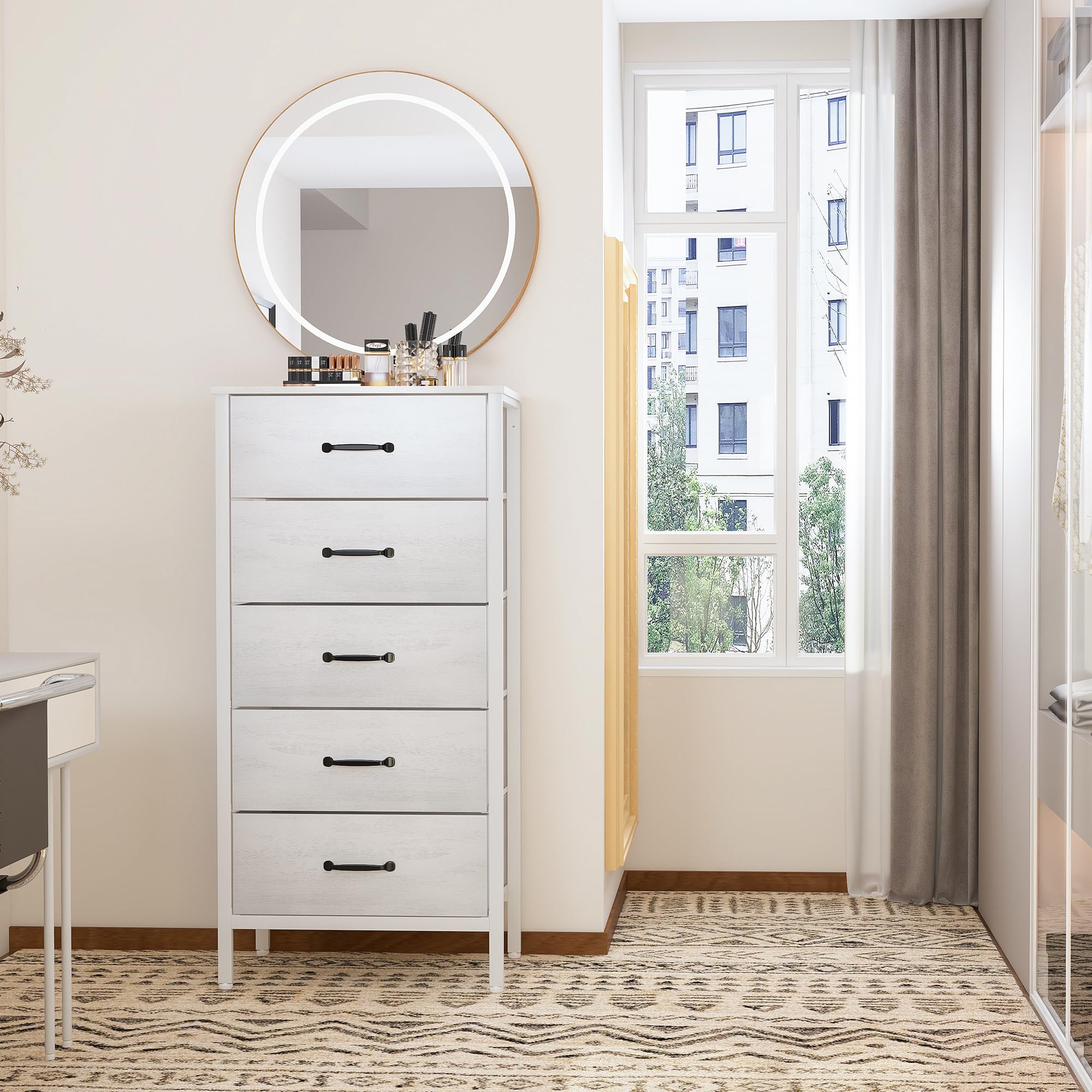 LYNCOHOME White 5-Drawer Fabric Dresser for Bedroom, Tall Storage Chest with Fabric Drawers - Perfect for Bedroom Organization, Coat Closet & Entryway Storage