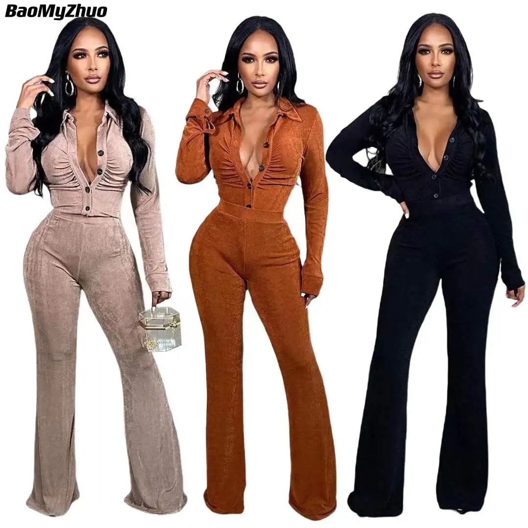 2024 Women's Casual Velvet Two-Piece Set - Elegant Long Sleeve Top & Pants Suit | Spring Fashion Outfit for Work, Dating & Special Occasions