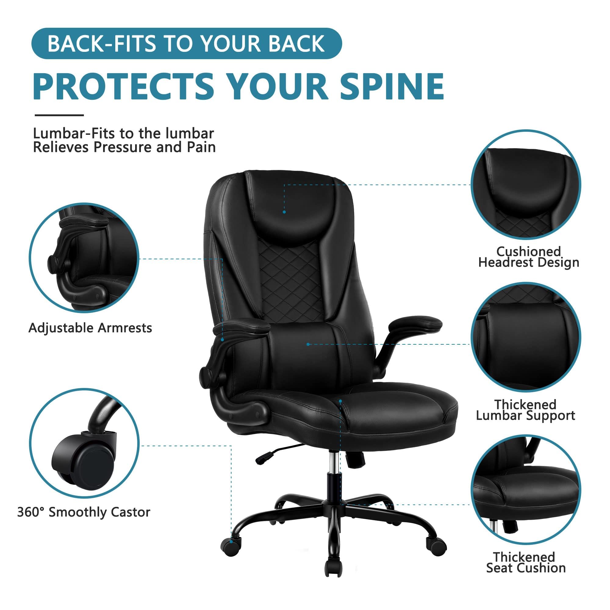 Premium Ergonomic Executive Office Chair - Big & Tall Leather Desk Chair with Adjustable Flip-Up Arms, High Back & Lumbar Support - Comfortable Computer Chair for Home Office, Gaming & Workspace (Black)