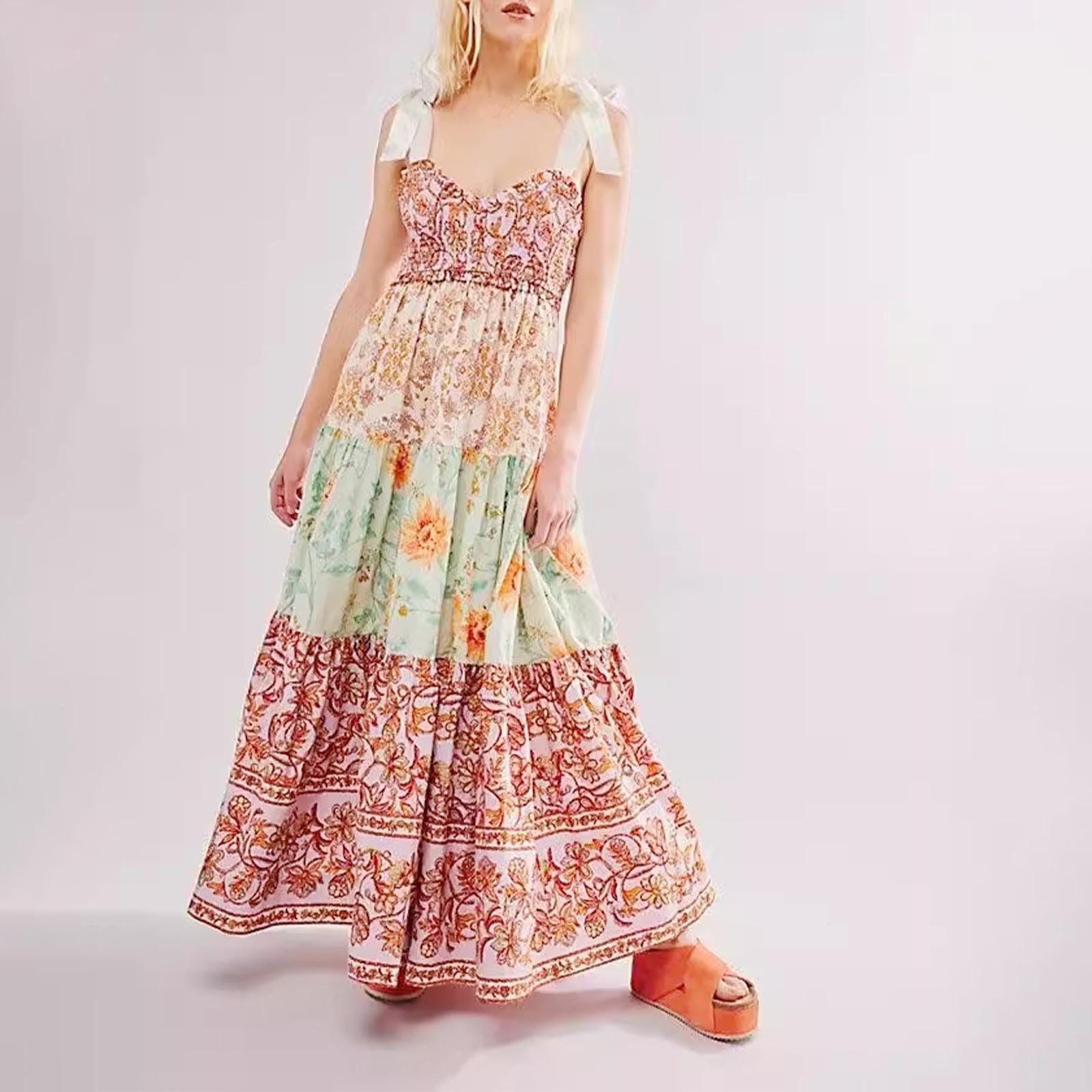 2024 Women's Summer Maxi Dress - Bluebell Sleeveless Tie Shoulder Boho Floral Beach Sundress | Sexy Casual Dress for Vacation, Party & Outdoor