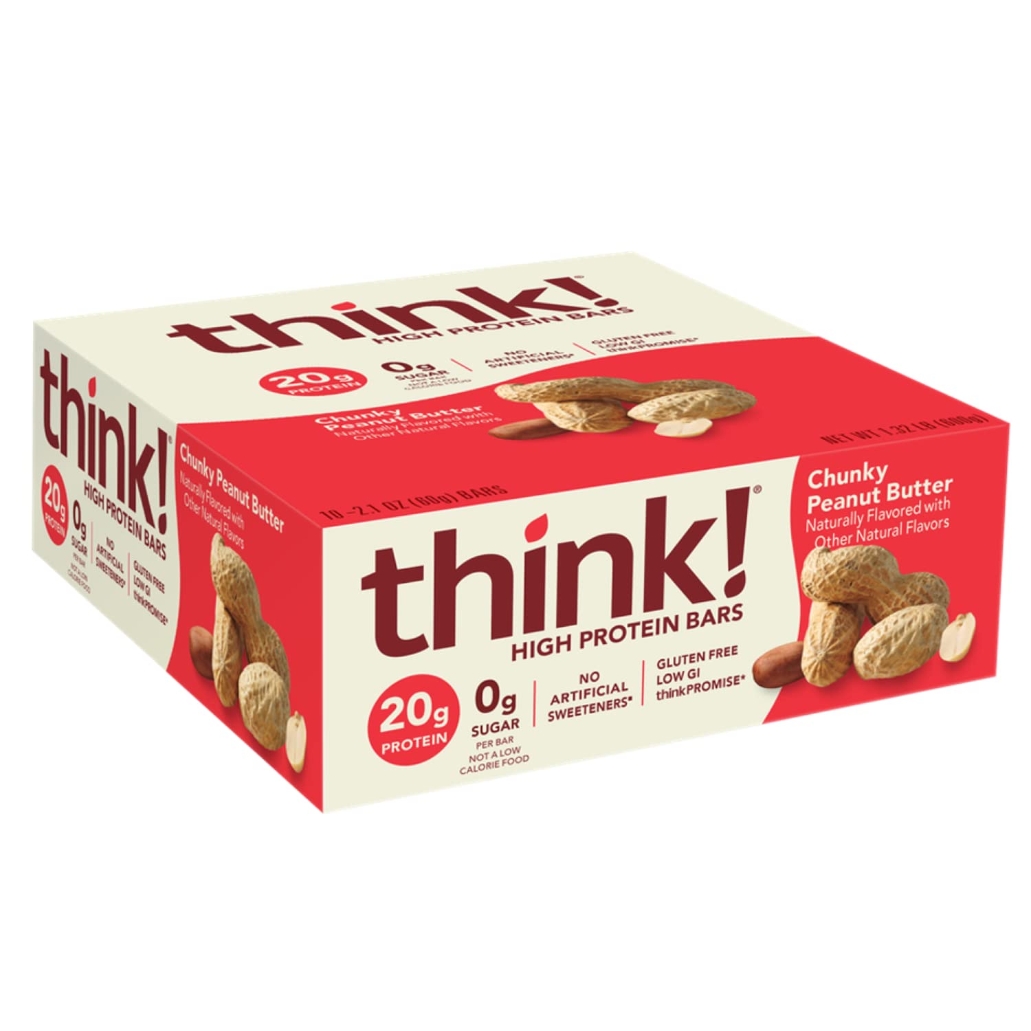 Think! Protein Bars - High Protein Snacks, Gluten Free & Sugar Free Energy Bars with Whey Protein Isolate | Chunky Peanut Butter Flavor | No Artificial Sweeteners | 2.1 Oz (10 Count) | Perfect for Post-Workout Recovery, Healthy On-the-Go Snacking & Weight Management