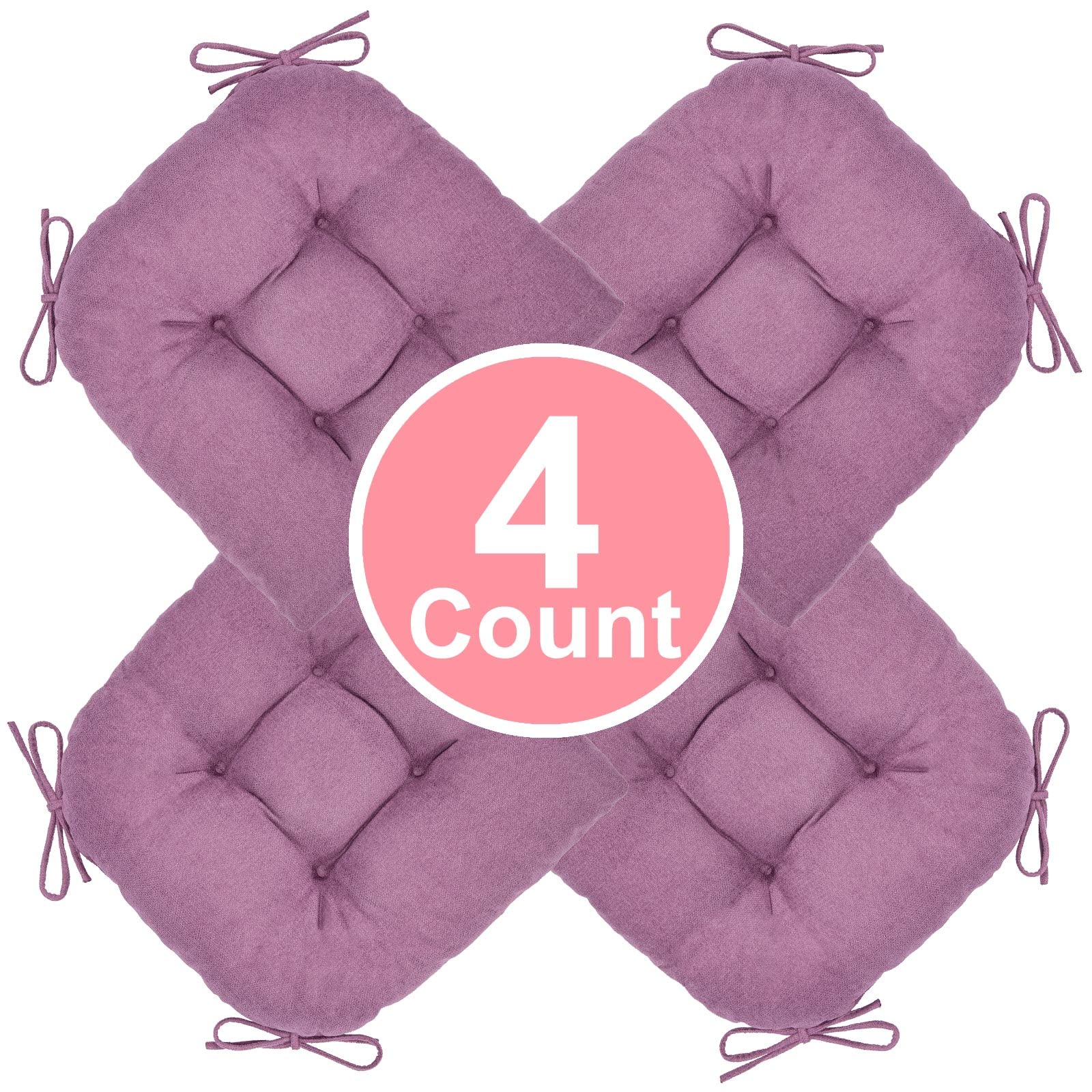 4 Pack Chair Cushions for Dining Chairs - 17 x 16 Inch Light Purple Seat Pads with Ties - Comfortable Kitchen & Office Chair Cushion Set for Home, Restaurant, and Desk Use
