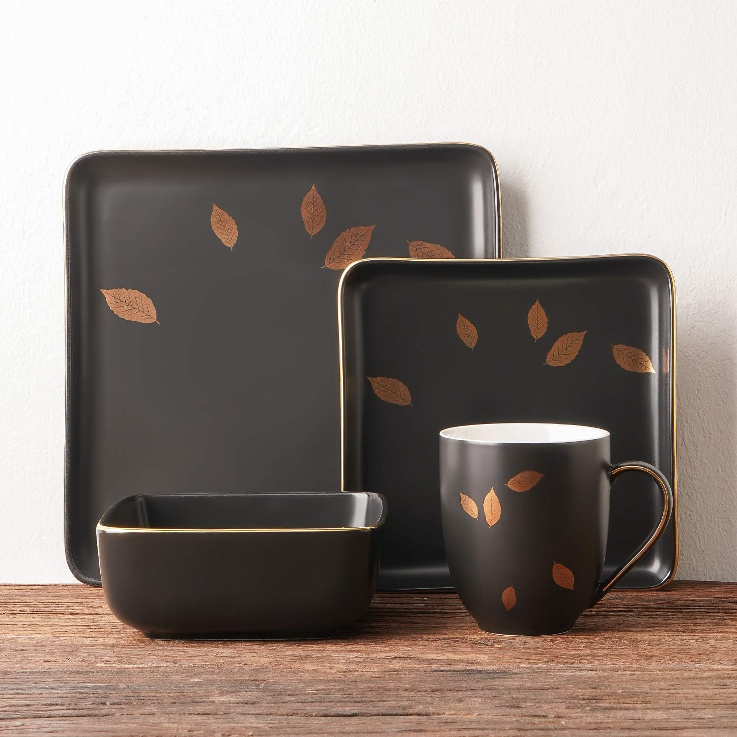 Premium Black & Gold Leaf Porcelain Dinnerware Set - 16-Piece Square Plates & Bowls for 4 People - Elegant Stone Lain Tableware for Fine Dining, Dinner Parties & Home Decor