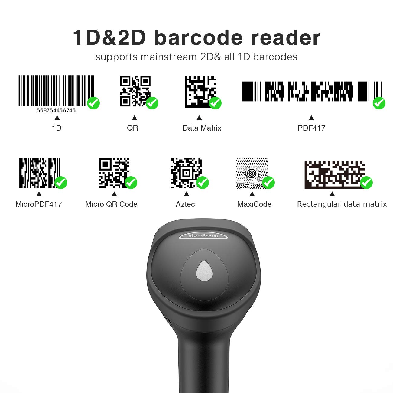 Inateck 2D Bluetooth Barcode Scanner - Wireless QR Code Reader with 2000mAh Battery (30 Days Continuous Use) - BCST-50 - Ideal for Retail, Warehouse & Inventory Management