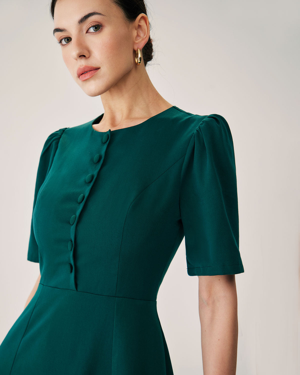 Stylish Green Puffed Sleeve Button-Down Midi Dress for Women | Flattering A-Line Summer Dress for Parties, Weddings & Casual Outings